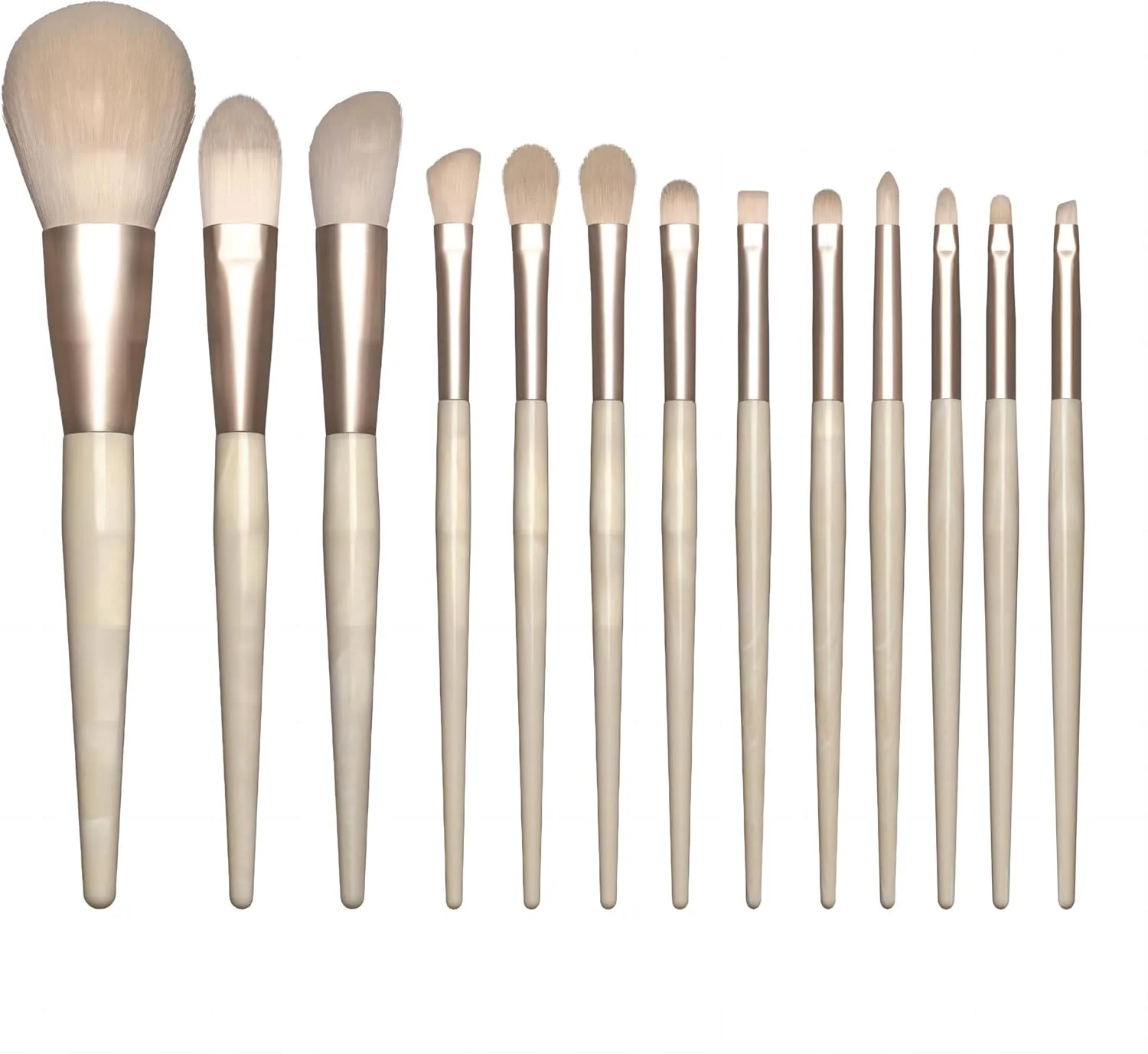 ست برس آرایشی شامپاین 13 تکه براش آرتیست با الیاف مصنوعی ممتاز به همراه کیف لوازم آرایشی نخی، شامل برس پودر صورت، برس کانتور، برس رژگونه، برس سایه چشم، برس ابرو و برس کانسیلر