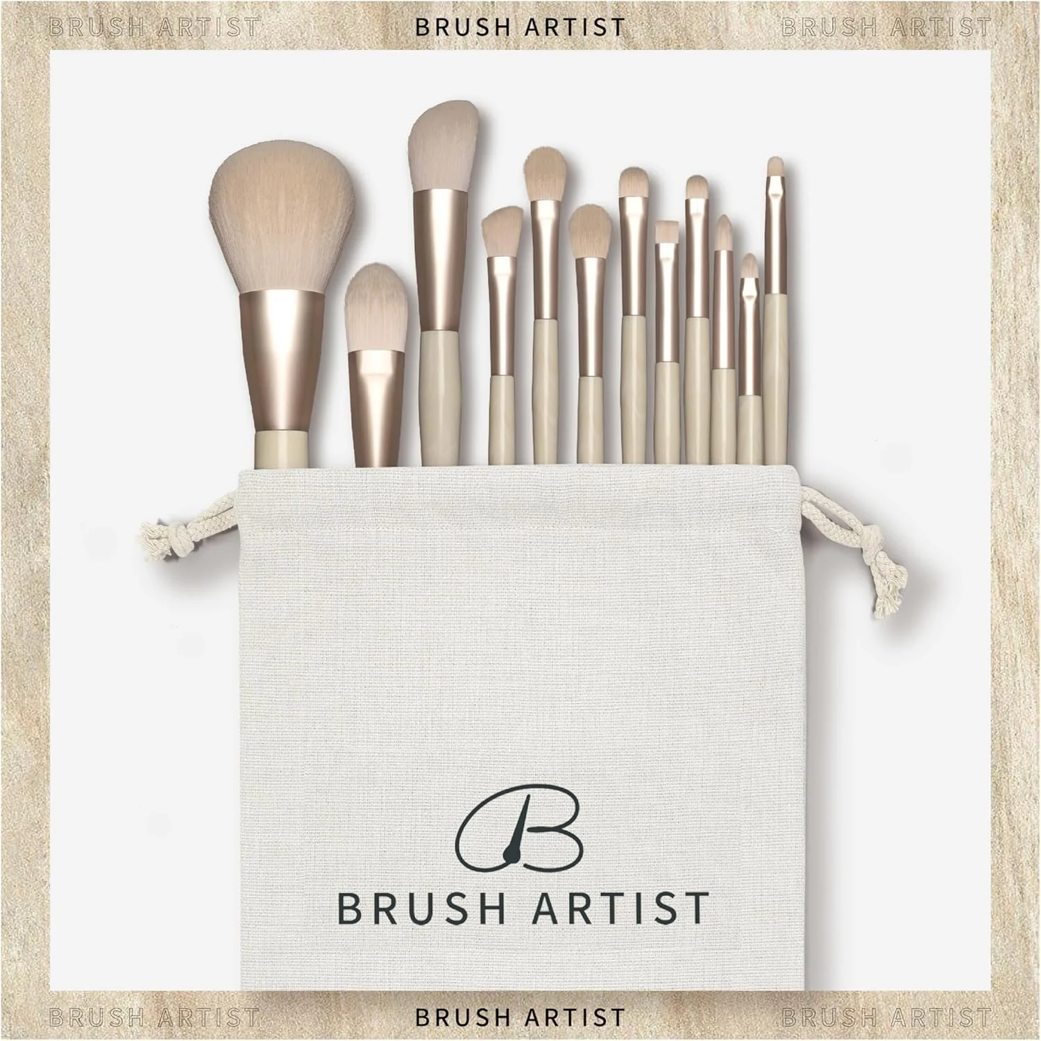 ست برس آرایشی شامپاین 13 تکه براش آرتیست با الیاف مصنوعی ممتاز به همراه کیف لوازم آرایشی نخی، شامل برس پودر صورت، برس کانتور، برس رژگونه، برس سایه چشم، برس ابرو و برس کانسیلر