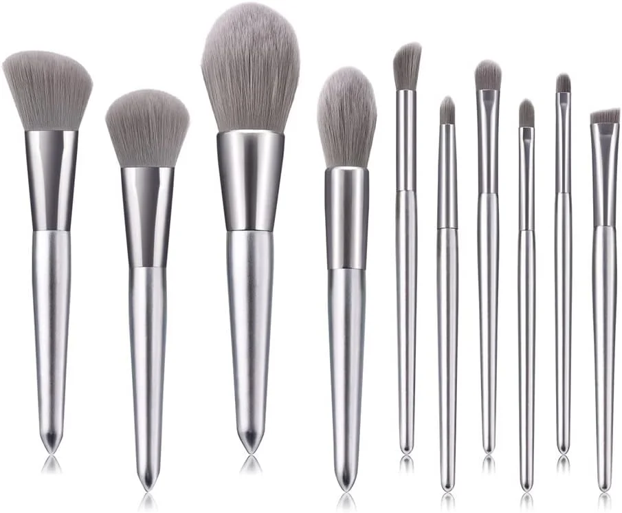 ست 10 عددی برس آرایشی نقره ای شامل برس پودر، کرم پودر، رژگونه، کانتور، کانسیلر، سایه چشم، ابرو و ابزار آرایش ست 10 عددی برس آرایشی نقره ای شامل برس پودر، کرم پودر، رژگونه، کانتور، کانسیلر، سایه چشم، ابرو و ابزار آرایش