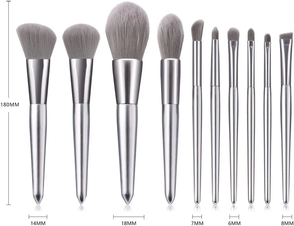 ست 10 عددی برس آرایشی نقره ای شامل برس پودر، کرم پودر، رژگونه، کانتور، کانسیلر، سایه چشم، ابرو و ابزار آرایش ست 10 عددی برس آرایشی نقره ای شامل برس پودر، کرم پودر، رژگونه، کانتور، کانسیلر، سایه چشم، ابرو و ابزار آرایش