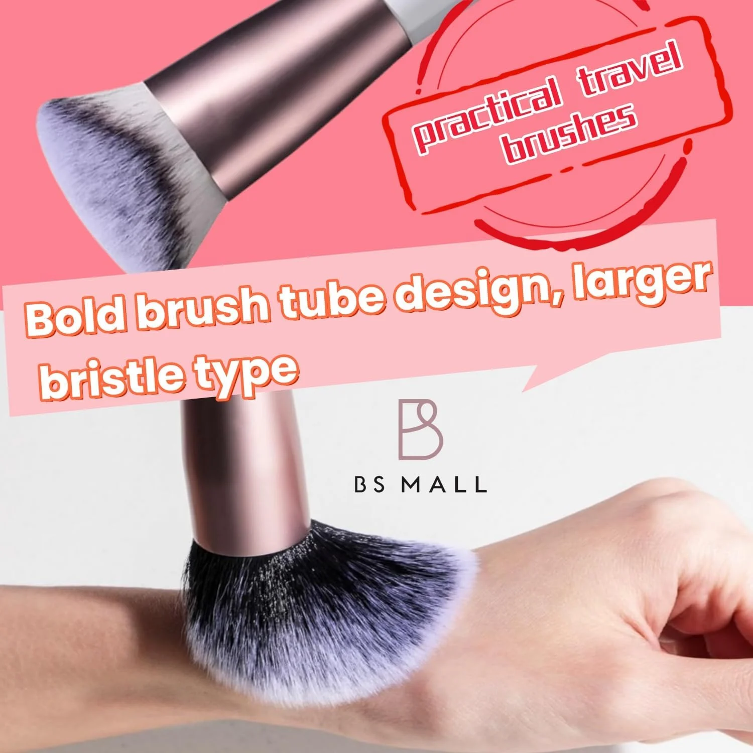 ست برس آرایشی مسافرتی BS-MALL، برس های کابوکی ممتاز مصنوعی برای کرم پودر، کانسیلر، دسته کوتاه اما اندازه کامل، 7 تکه به همراه پد مثلثی و کیف نگهداری (صورتی رز) ست برس آرایشی مسافرتی BS-MALL، برس های کابوکی ممتاز مصنوعی برای کرم پودر، کانسیلر، دسته کوتاه اما اندازه کامل، 7 تکه به همراه پد مثلثی و کیف نگهداری (صورتی رز)