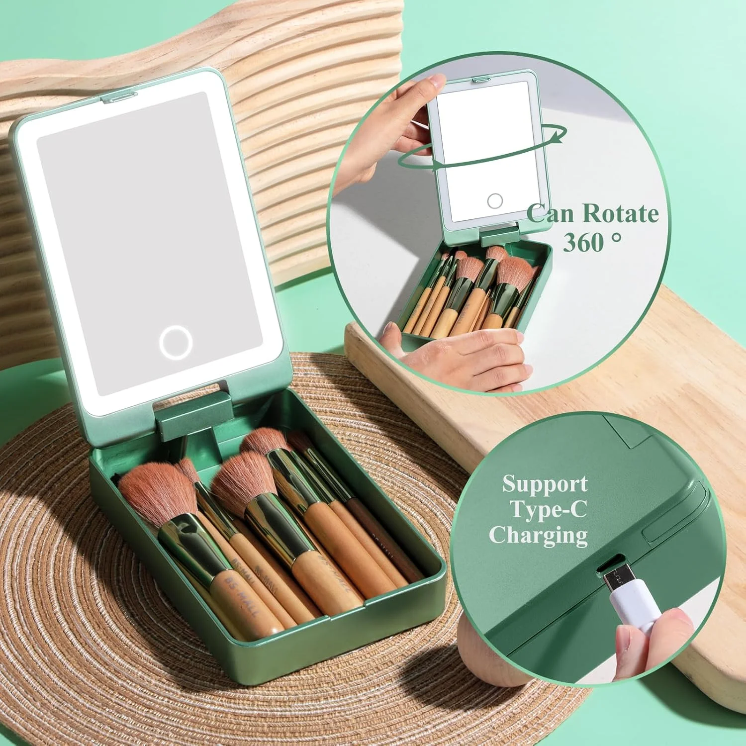 ست براش آرایشی مسافرتی BS-MALL - 14 تکه، شامل براش های کرم پودر، پودر، کانسیلر، سایه چشم با آینه دارای نور LED، سبز ست براش آرایشی مسافرتی BS-MALL - 14 تکه، شامل براش های کرم پودر، پودر، کانسیلر، سایه چشم با آینه دارای نور LED، سبز