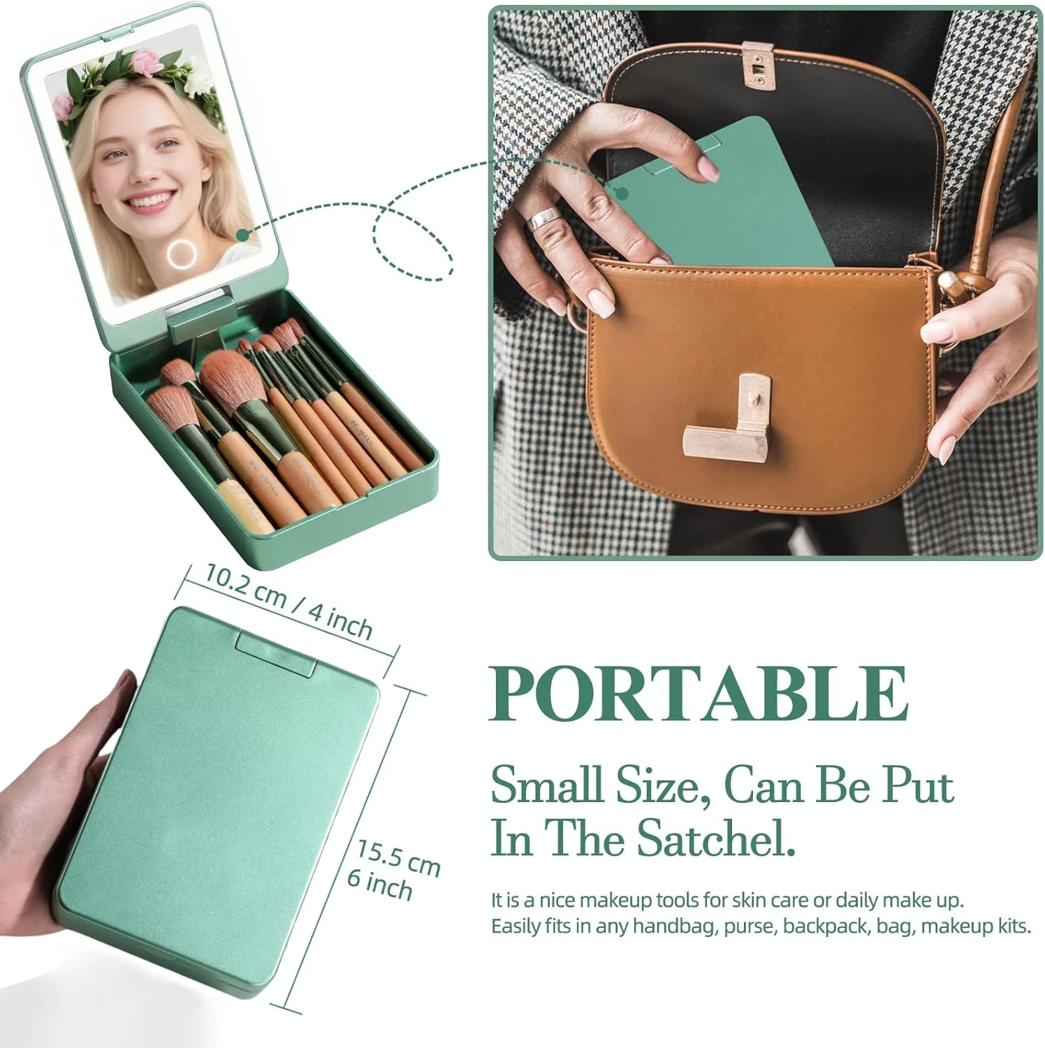 ست براش آرایشی مسافرتی BS-MALL - 14 تکه، شامل براش های کرم پودر، پودر، کانسیلر، سایه چشم با آینه دارای نور LED، سبز ست براش آرایشی مسافرتی BS-MALL - 14 تکه، شامل براش های کرم پودر، پودر، کانسیلر، سایه چشم با آینه دارای نور LED، سبز