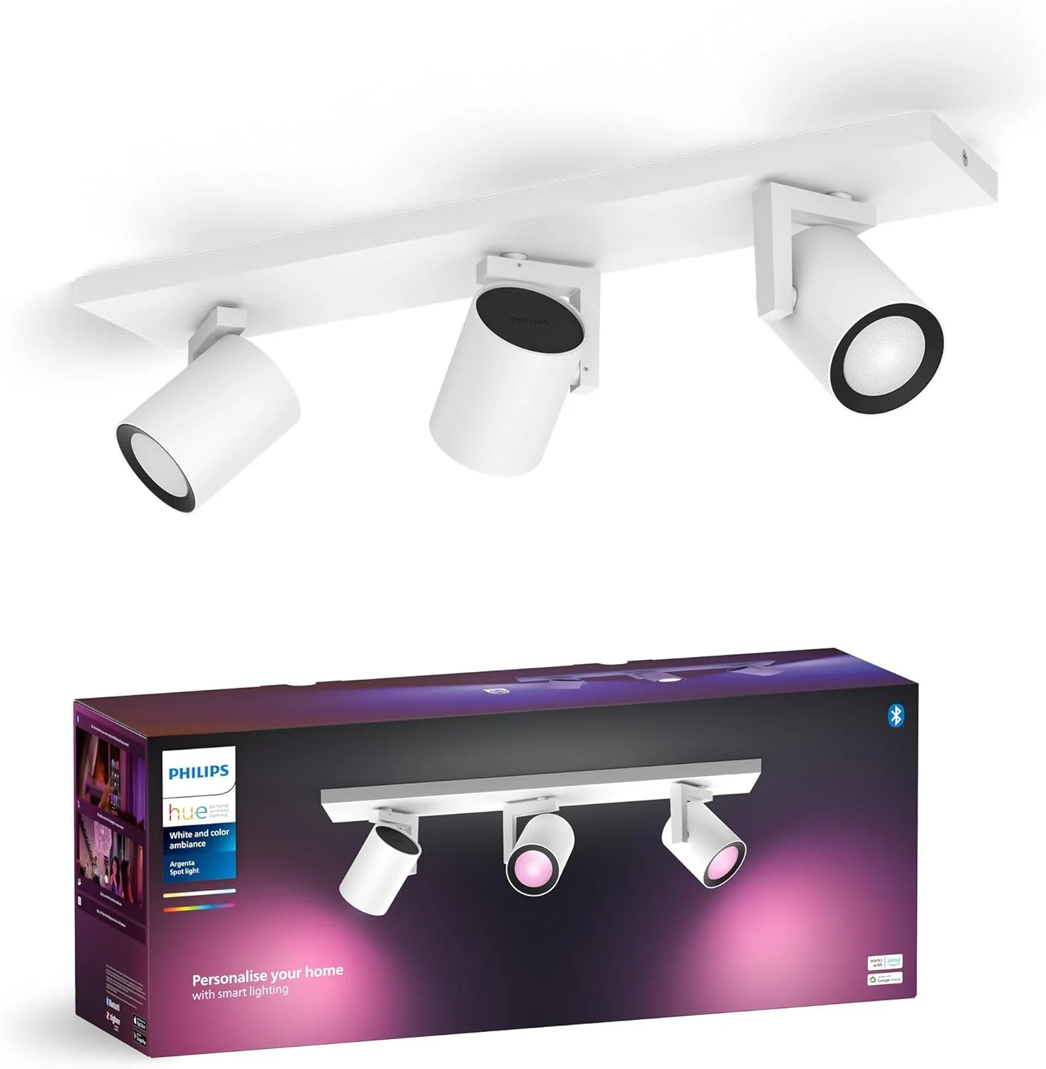 چراغ سقفی Philips Hue White & Colour Ambiance Argenta با سه نورافکن، نورافکن های LED دیمر پذیر برای سیستم Hue، کنترل هوشمند نور از طریق صدا و برنامه، سفید چراغ سقفی Philips Hue White & Colour Ambiance Argenta با سه نورافکن، نورافکن های LED دیمر پذیر برای سیستم Hue، کنترل هوشمند نور از طریق صدا و برنامه، سفید