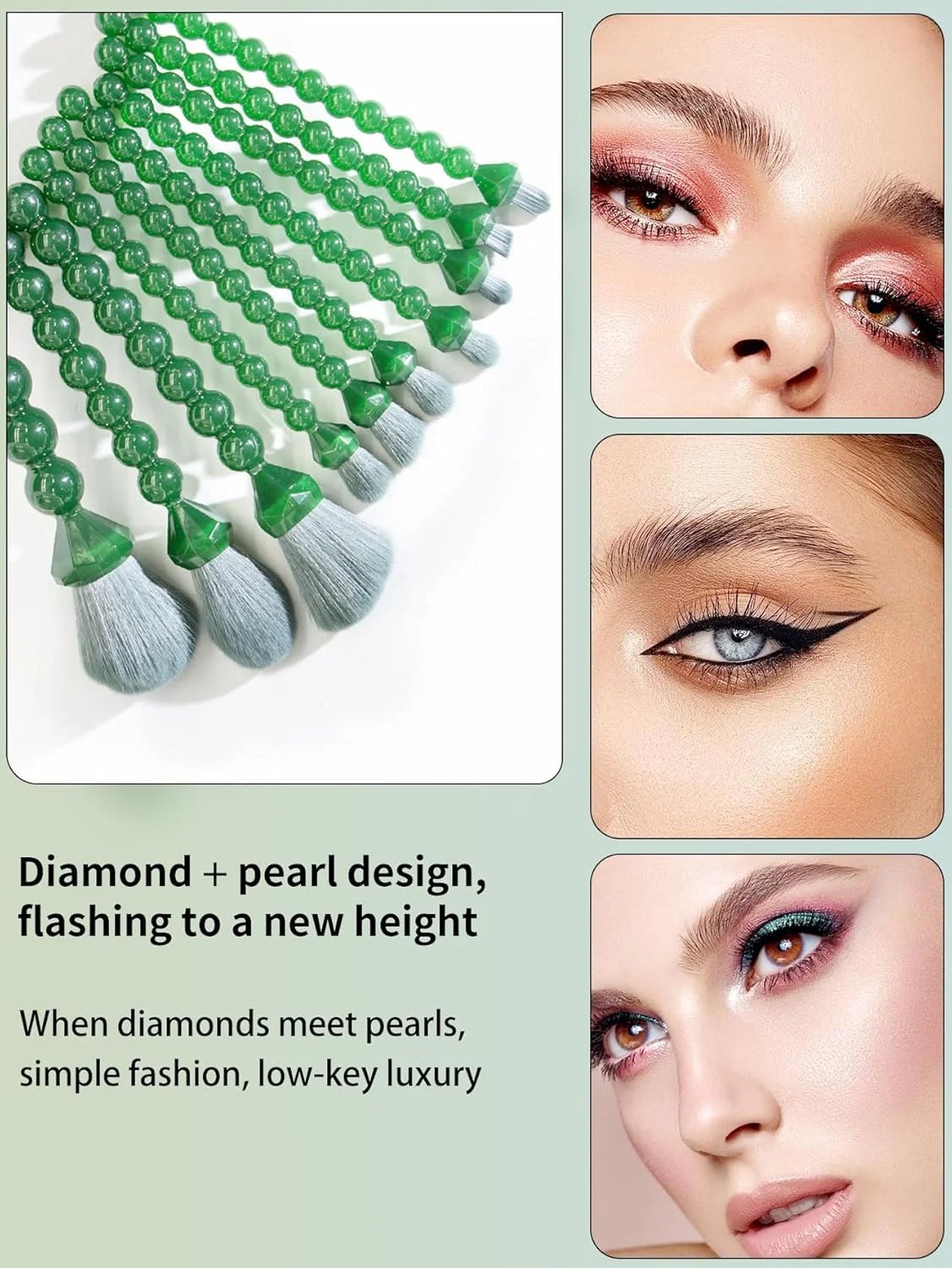 ست برس آرایشی ۱۰ تکه COSHINE با طراحی منحصر به فرد الماس و مروارید، برس های کامل و زیبا برای پودر، کانسیلر، رژگونه، سایه چشم، سبز