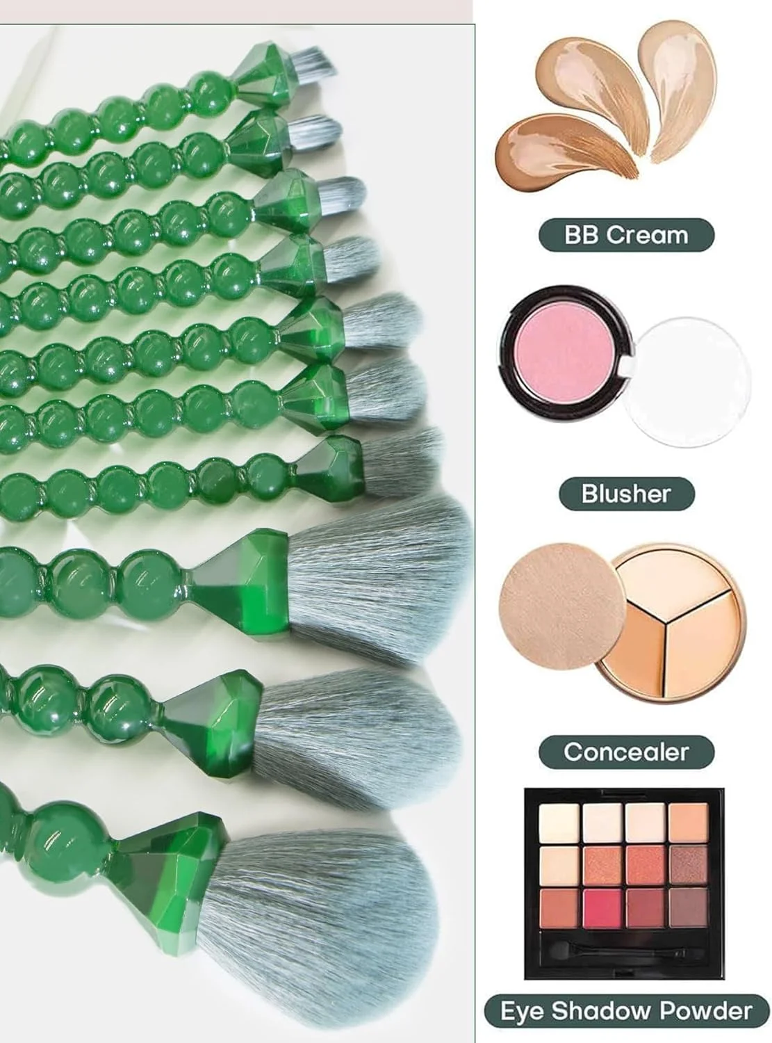 ست برس آرایشی ۱۰ تکه COSHINE با طراحی منحصر به فرد الماس و مروارید، برس های کامل و زیبا برای پودر، کانسیلر، رژگونه، سایه چشم، سبز