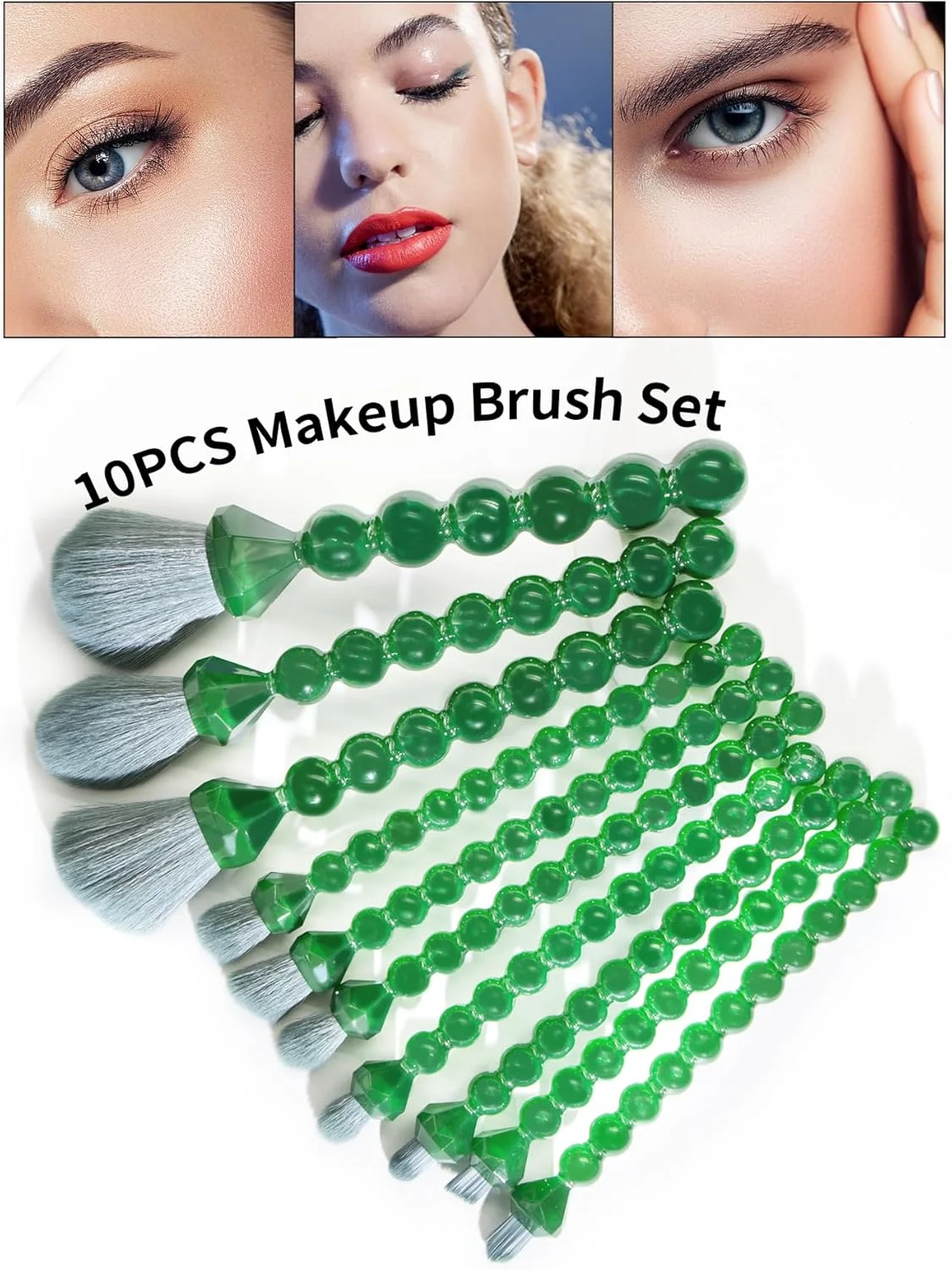 ست برس آرایشی ۱۰ تکه COSHINE با طراحی منحصر به فرد الماس و مروارید، برس های کامل و زیبا برای پودر، کانسیلر، رژگونه، سایه چشم، سبز