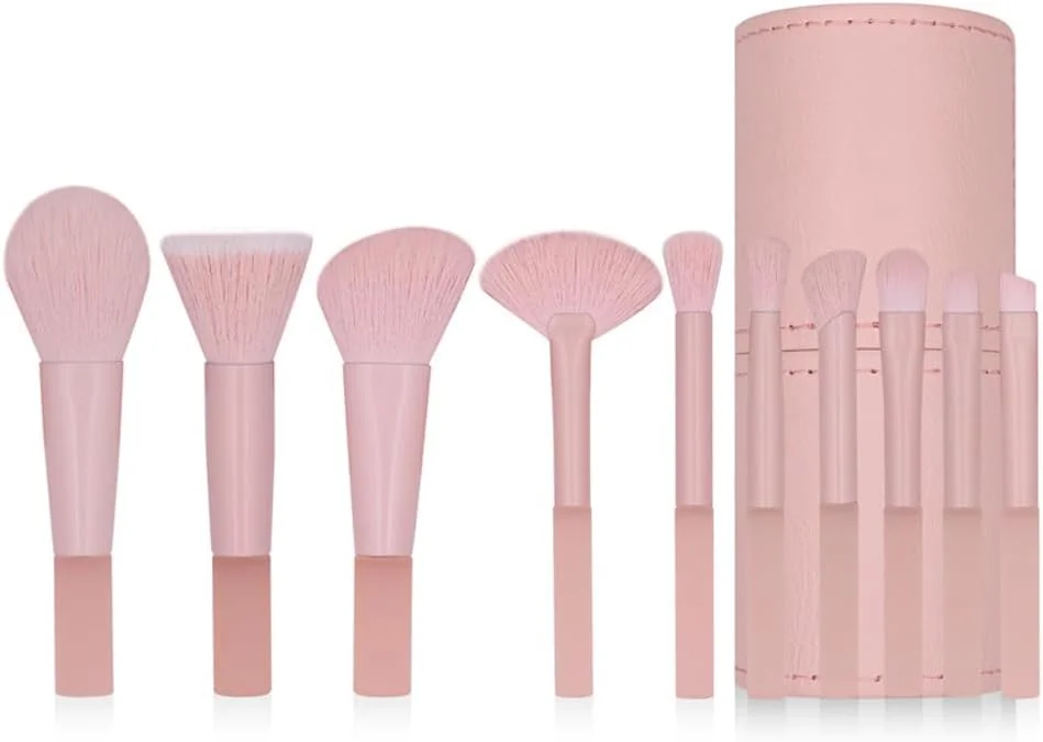 ست براش آرایشی مسافرتی صورتی کیوت COSHINE، ست 10 عددی براش مینی قابل حمل با عملکرد کامل به همراه نگهدارنده