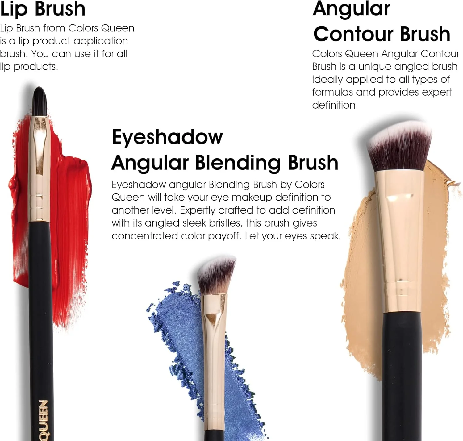 ست براش آرایشی صورت Colors Queen با موهای مصنوعی، براش زاویه دار سایه چشم، براش کانتور زاویه دار، براش لب، براش برای استفاده آسان، ست براش 3 تکه