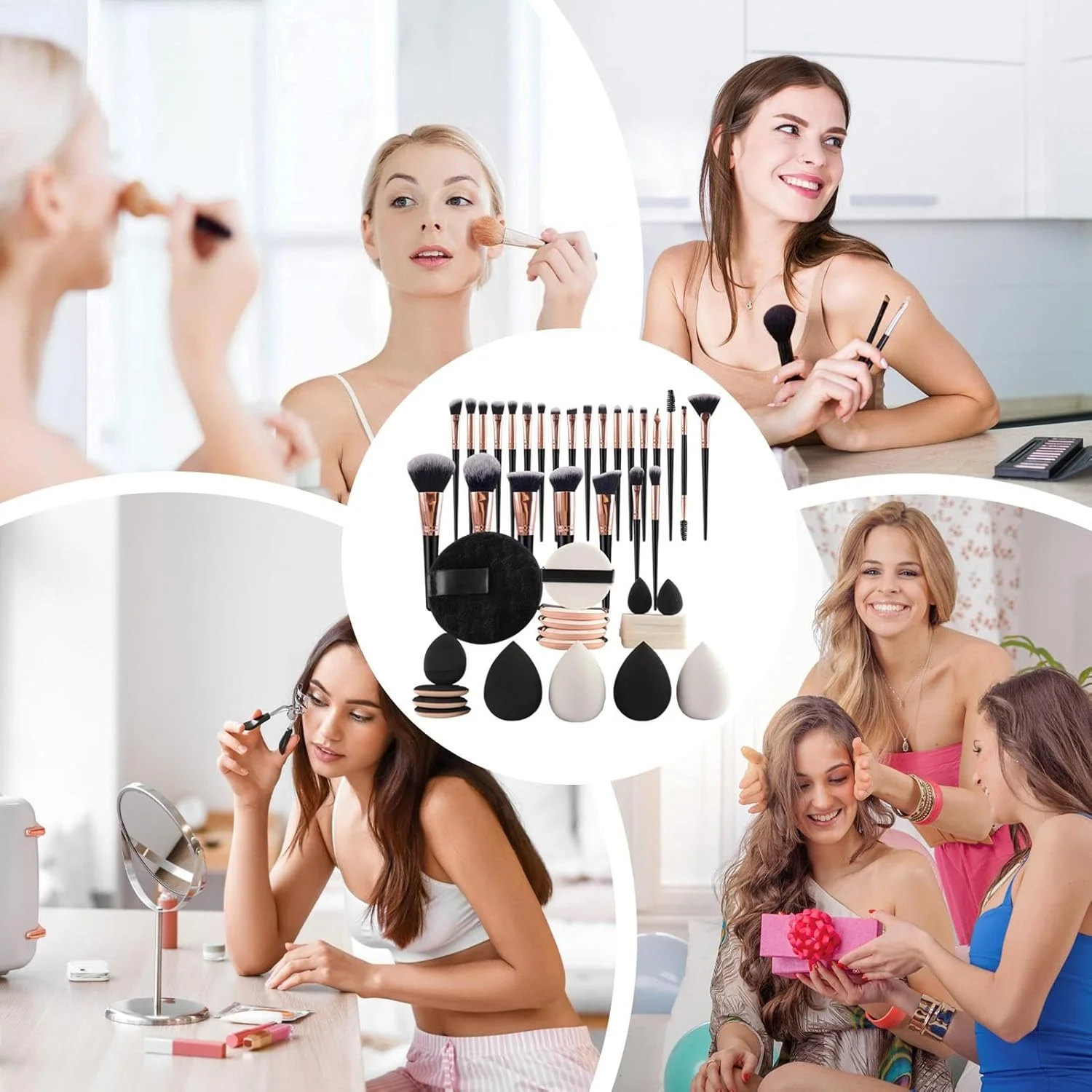 ست لوازم آرایشی مسافرتی جمع و جور - ست کامل 45 تکه برس آرایشی با پد پودر | لوازم آرایشی برای سفر، سفر کاری، مدرسه، فضای باز