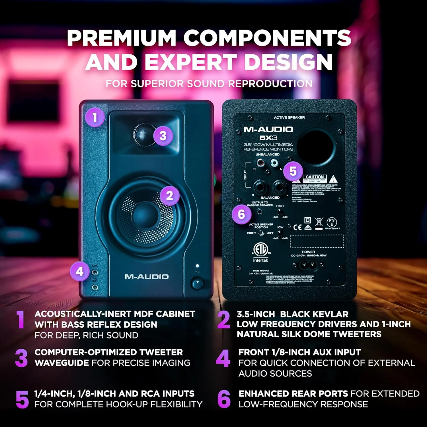 اسپیکرهای رومیزی/مانیتورهای استودیویی M-Audio Bx3 با توان 120 وات برای بازی، تولید موسیقی، پخش زنده و پادکست (جفت Bx3) اسپیکرهای رومیزی/مانیتورهای استودیویی M-Audio Bx3 با توان 120 وات برای بازی، تولید موسیقی، پخش زنده و پادکست (جفت Bx3)