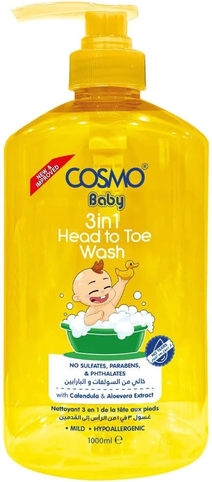 شامپو سر تا پای کودک Cosmo Baby Care مدل 3 در 1 حجم 1000 میلی لیتر، مناسب پوست حساس، بدون اشک، بدون سولفات، بدون پارابن، بدون فتالات، استفاده روزانه، مناسب انواع پوست، نوزاد، مراقبت از پوست کودک، شستشوی بدن