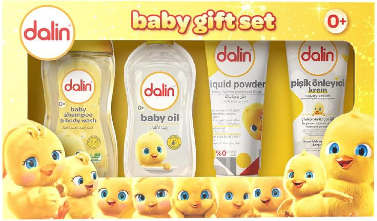 ست هدیه 4 تکه کودک دالین | شامپو و شستشوی بدن کودک، روغن کودک، پودر مایع و کرم پوشک