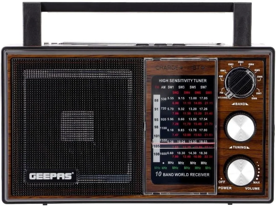 رادیو FM قابل حمل و شارژی Geepas GR6842 با بلوتوث، پشتیبانی از کارت USB، SD/TF - پخش کننده موسیقی رترو 10 باند و بلندگوی بلوتوث، طراحی سبک و شیک (بازسازی شده)
