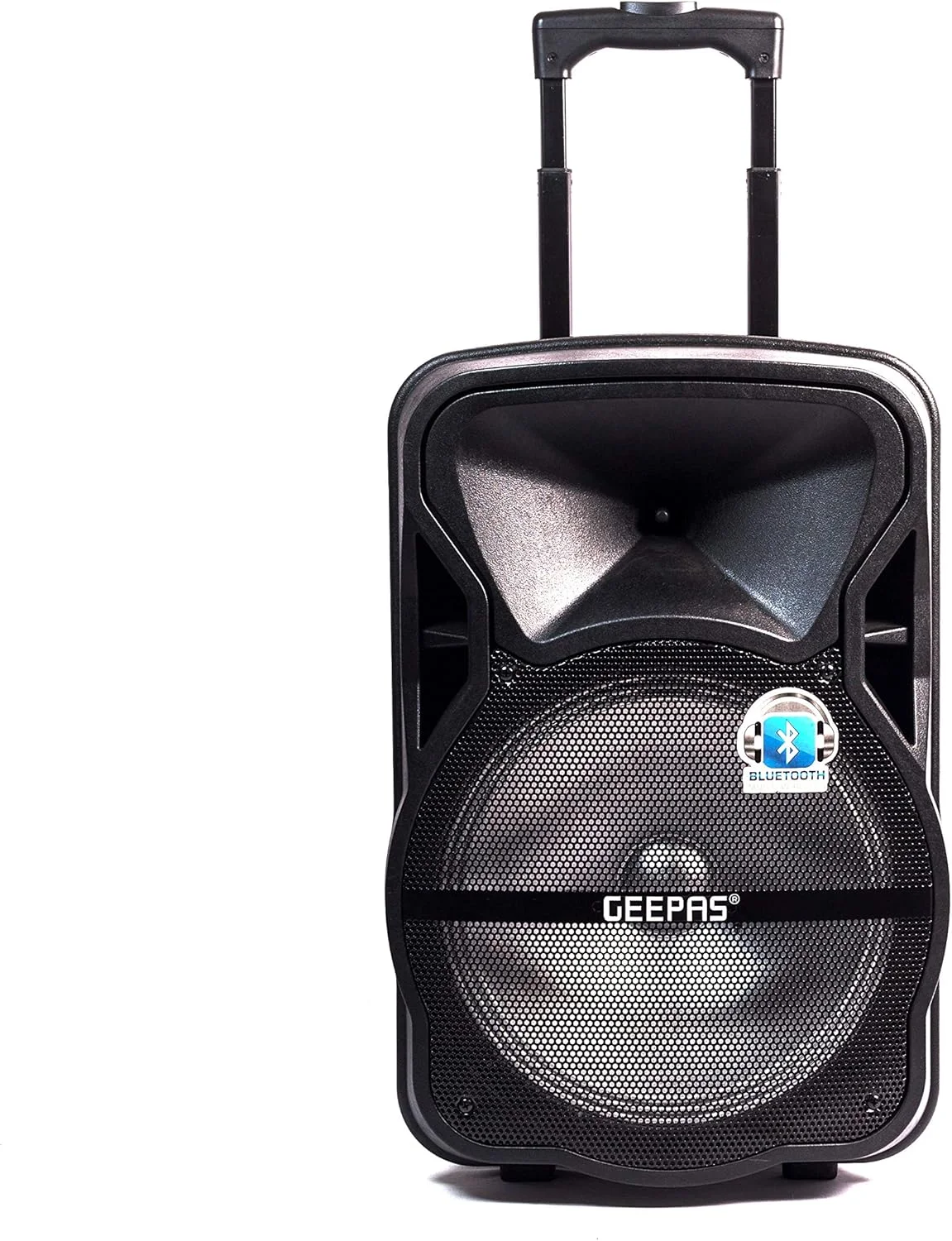 اسپیکر حرفه ای قابل حمل و شارژی Geepas GMS8568 - میکروفون های بی سیم، باتری 1800 میلی آمپر ساعتی | اسپیکر کارائوکه DJ و چراغ های LED | اسپیکر قابل حمل | دسته چرخ دار
