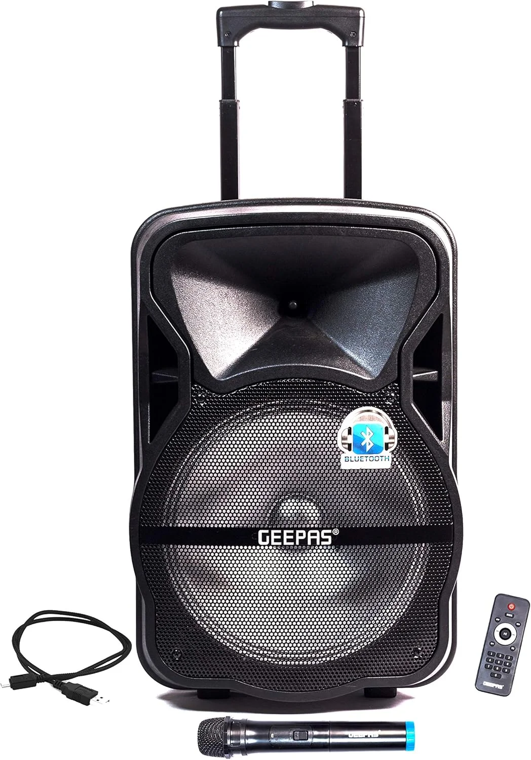 اسپیکر حرفه ای قابل حمل و شارژی Geepas GMS8568 - میکروفون های بی سیم، باتری 1800 میلی آمپر ساعتی | اسپیکر کارائوکه DJ و چراغ های LED | اسپیکر قابل حمل | دسته چرخ دار اسپیکر حرفه ای قابل حمل و شارژی Geepas GMS8568 - میکروفون های بی سیم، باتری 1800 میلی آمپر ساعتی | اسپیکر کارائوکه DJ و چراغ های LED | اسپیکر قابل حمل | دسته چرخ دار