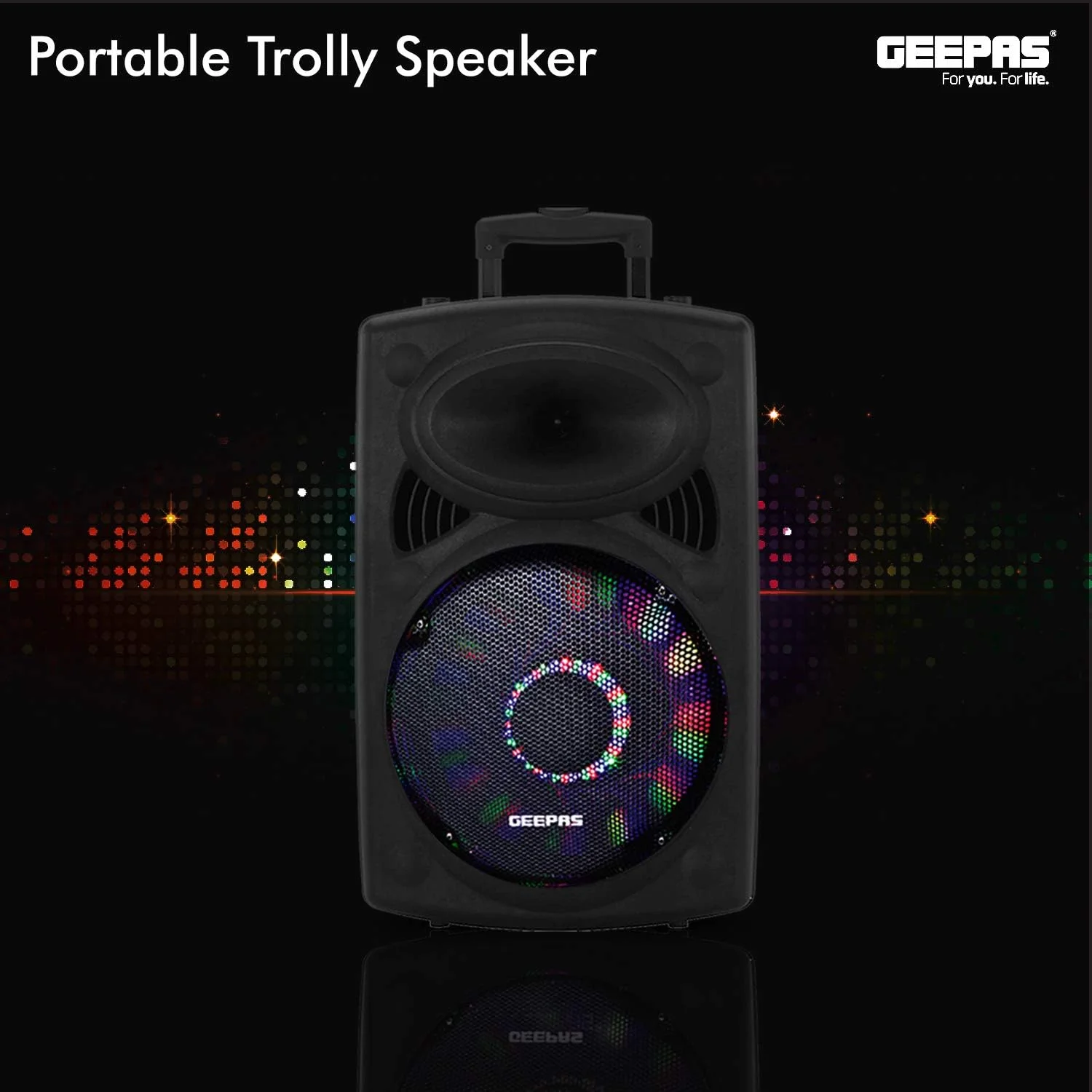 اسپیکر چرخدار بلوتوثی قابل شارژ Geepas GMS8519 با توان 40000 وات | ووفر 12 اینچی | همراه با میکروفون های بی سیم و چراغ های LED مدل GMS8519 جیپاس اسپیکر چرخدار بلوتوثی قابل شارژ Geepas GMS8519 با توان 40000 وات | ووفر 12 اینچی | همراه با میکروفون های بی سیم و چراغ های LED مدل GMS8519 جیپاس