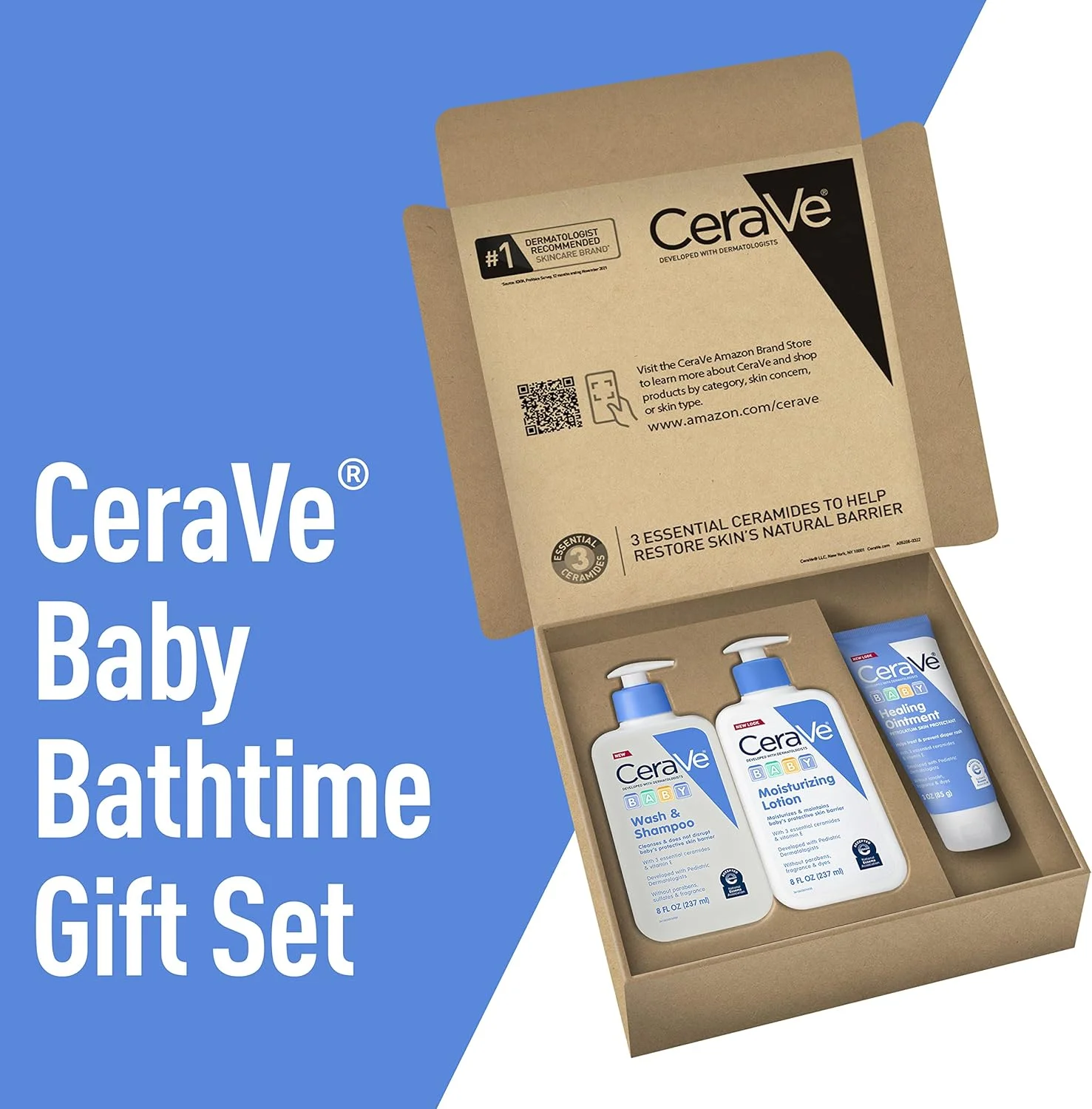 ست حمام نوزاد سراوی، شامپو و شوینده نوزاد 236 میلی لیتر + لوسیون مرطوب کننده نوزاد 236 میلی لیتر + پماد ترمیم کننده نوزاد 85 گرم، فاقد عطر، پارابن، فتالات و بدون اشک، لوازم ضروری حمام نوزاد، ست هدیه مراقبت از پوست نوزاد