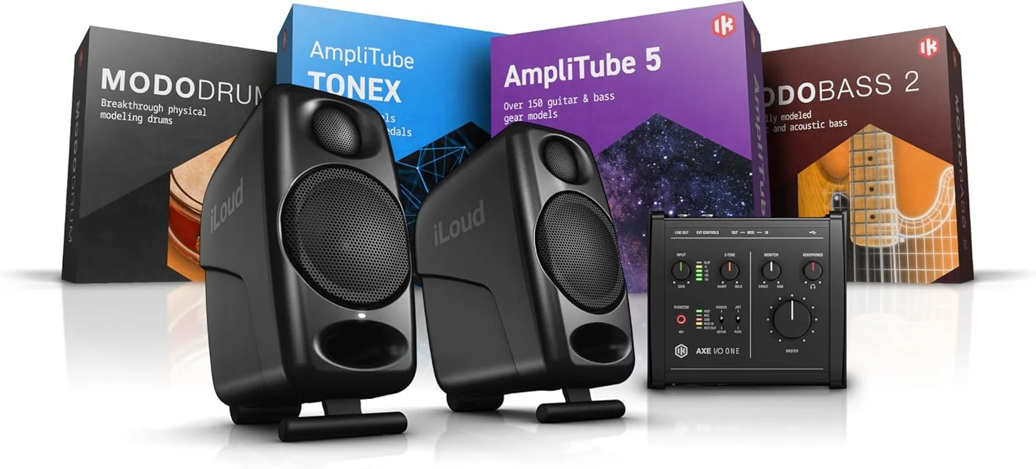 بسته استودیوی گیتار قابل حمل IK Multimedia، شامل یک جفت مانیتور iLoud Micro، یک AXE I/O ONE + دانلود AmpliTube 5 + TONEX + MODO BASS 2 + MODO DRUM 1.5 بسته استودیوی گیتار قابل حمل IK Multimedia، شامل یک جفت مانیتور iLoud Micro، یک AXE I/O ONE + دانلود AmpliTube 5 + TONEX + MODO BASS 2 + MODO DRUM 1.5