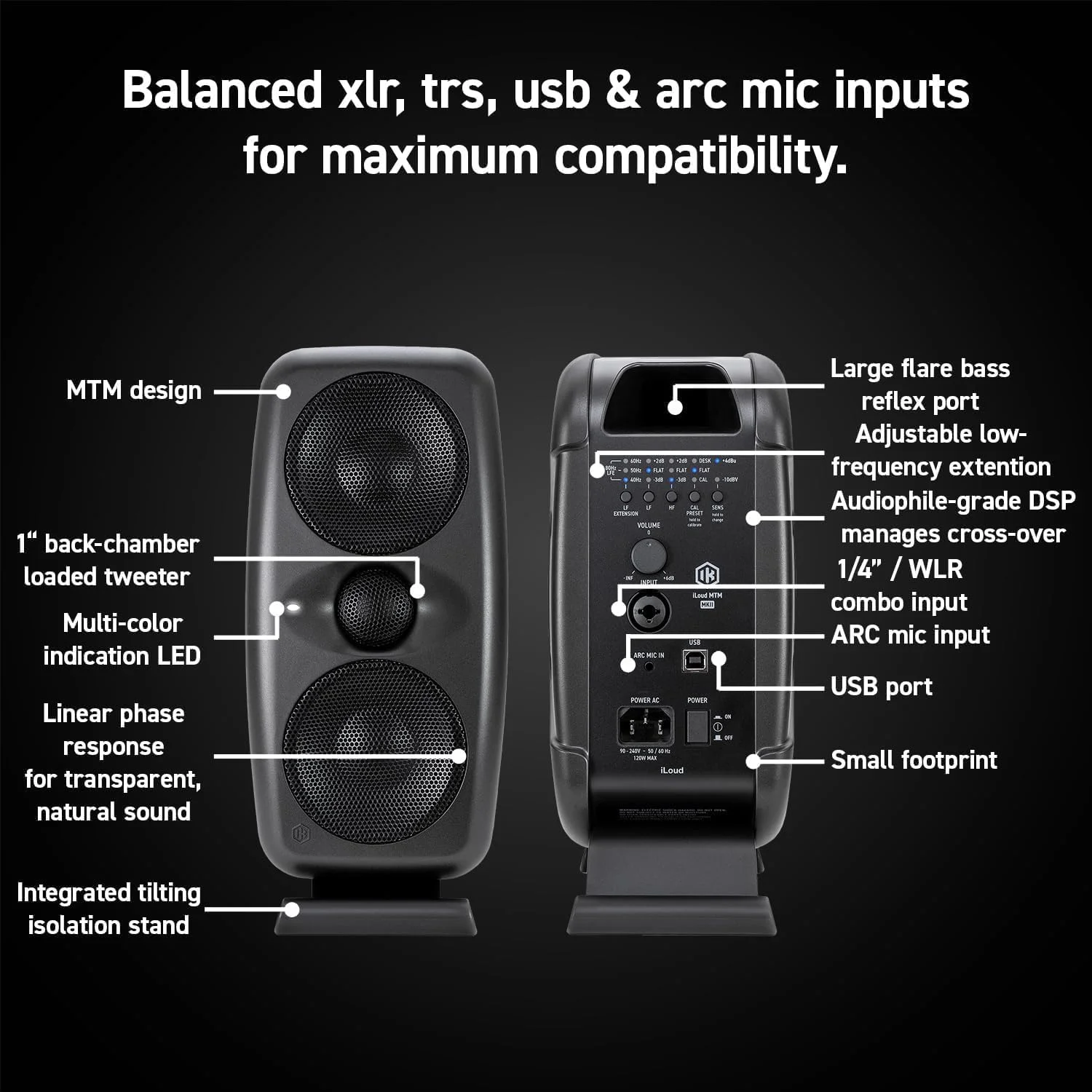 جفت مانیتور استودیویی IK Multimedia iLoud MTM MKII - مشکی 100 وات اکتیو 2-way با دو ووفر 3.5 اینچی، توییتر 1 اینچی، کالیبراسیون خودکار ARC و میکروفون اندازه گیری جفت مانیتور استودیویی IK Multimedia iLoud MTM MKII - مشکی 100 وات اکتیو 2-way با دو ووفر 3.5 اینچی، توییتر 1 اینچی، کالیبراسیون خودکار ARC و میکروفون اندازه گیری