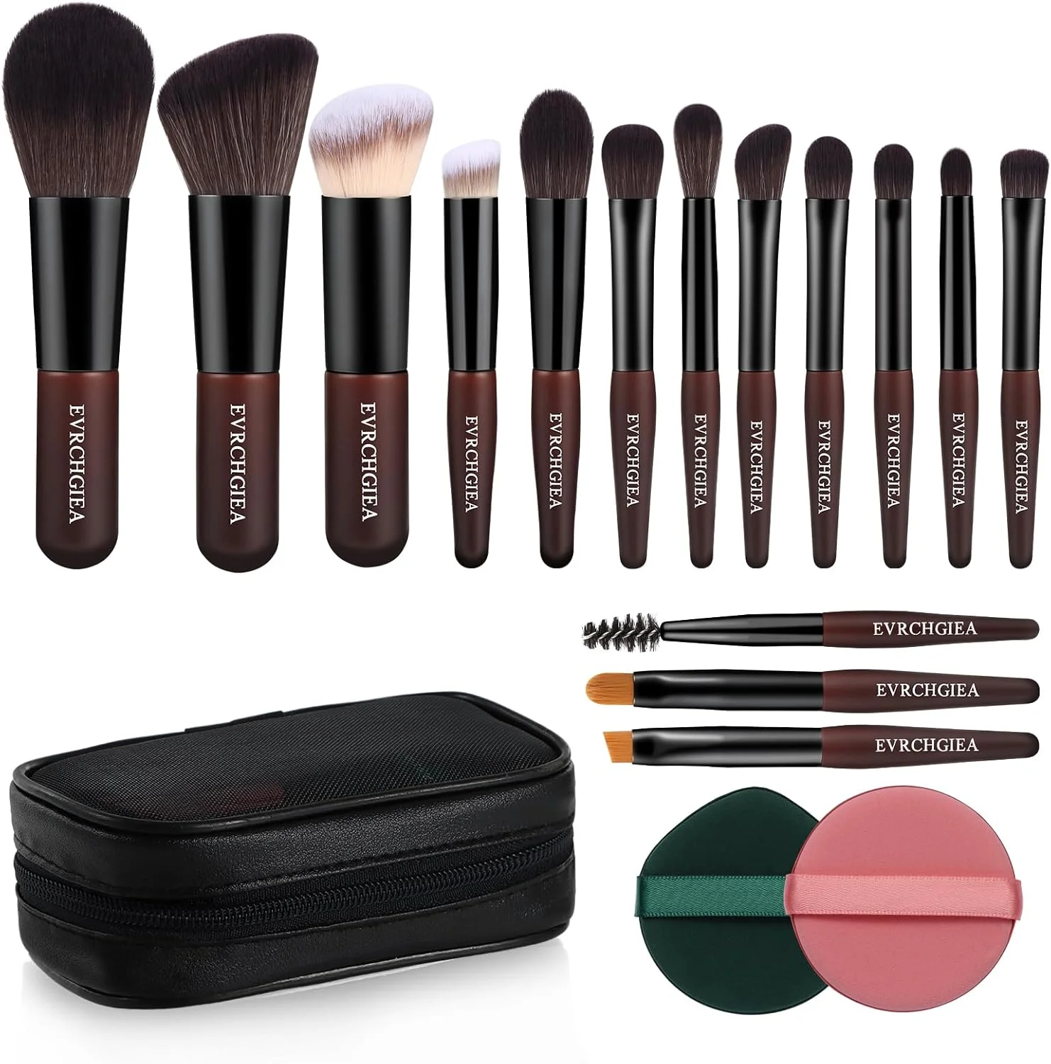 ست برس آرایشی مسافرتی EVRCHGIEA، 15 عدد برس آرایشی مینی و 2 پد برای کرم پودر، پودر، سایه چشم، هایلایت، کانتور، رژگونه و کانسیلر، ست برس آرایشی کوچک سایز کیف پول با کیف