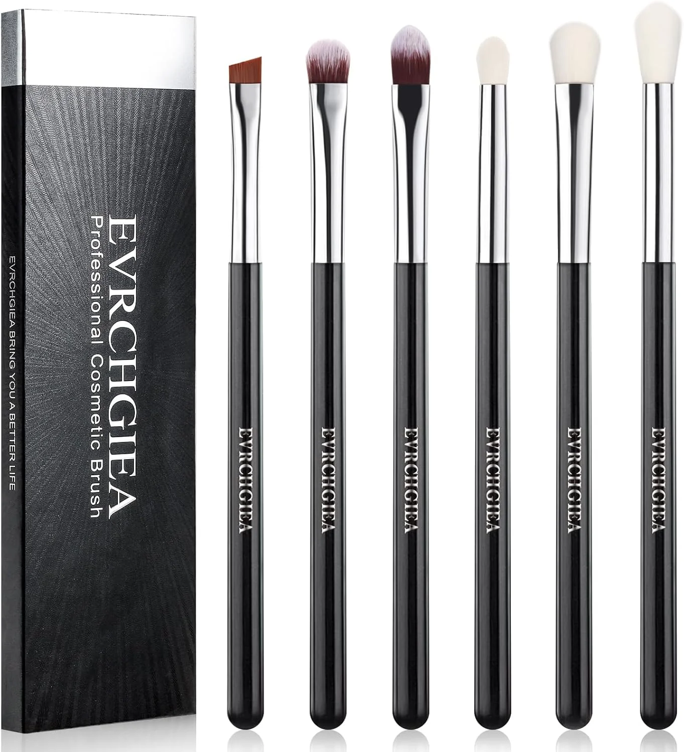 ست برس آرایش چشم EVRCHGIEA، 6 عدد برس حرفه ای برای ترکیب سایه چشم، کانسیلر، سایه ابرو، خط چشم، موهای نرم و دسته چوبی (مشکی و نقره ای)