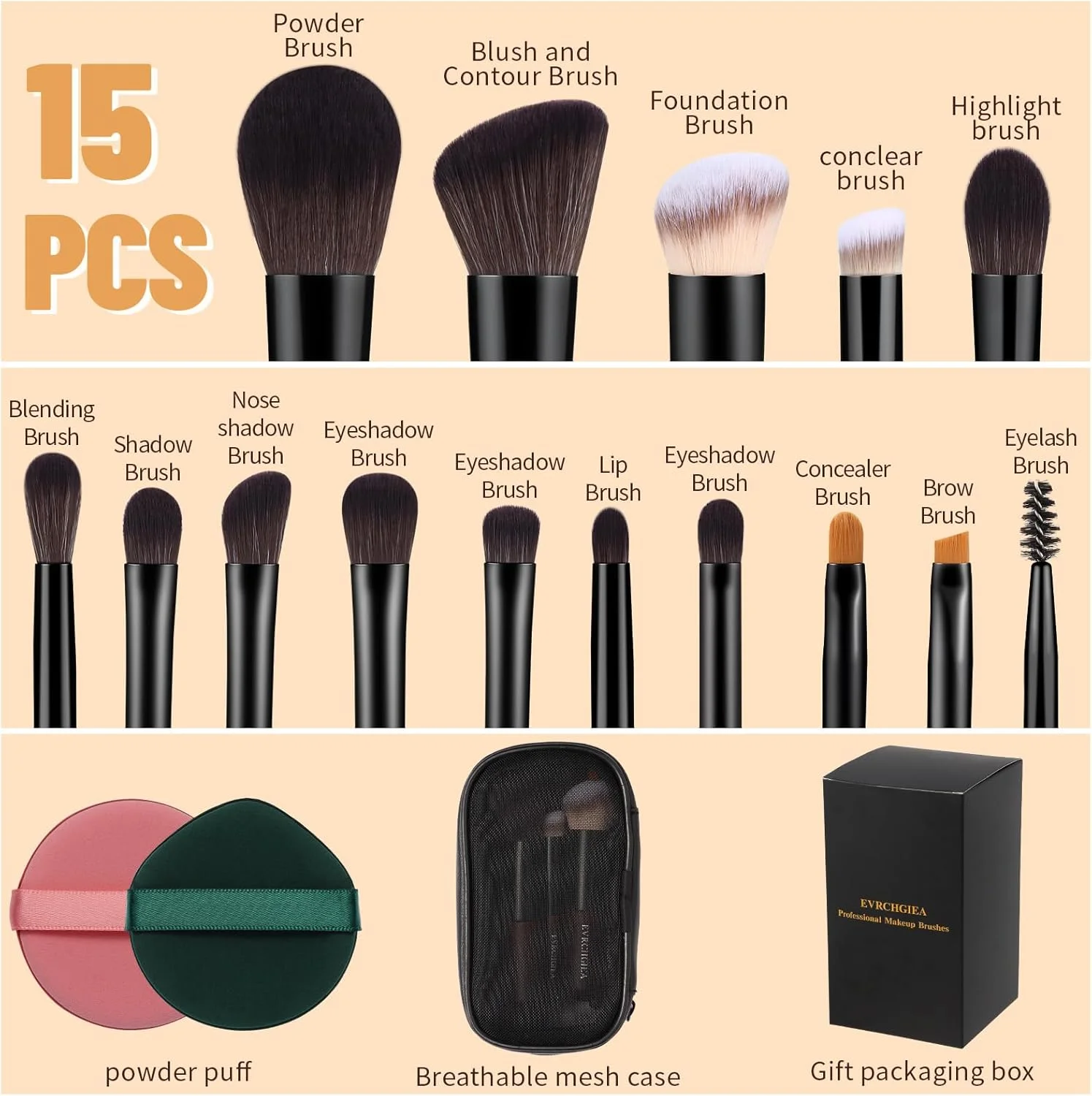 ست برس آرایشی مسافرتی EVRCHGIEA، 15 عدد برس آرایشی مینی و 2 پد برای کرم پودر، پودر، سایه چشم، هایلایت، کانتور، رژگونه و کانسیلر، ست برس آرایشی کوچک سایز کیف پول با کیف