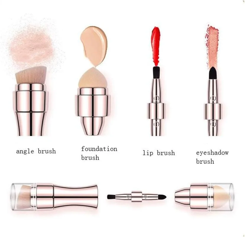 ست براش آرایشی 4 در 1 Excefore، براش لب، براش پخش کننده، براش کانتور و رژگونه، براش اسفنجی برای آرایش صورت، چشم و لب، چند منظوره برای دختران و زنان (براش رزگلد)