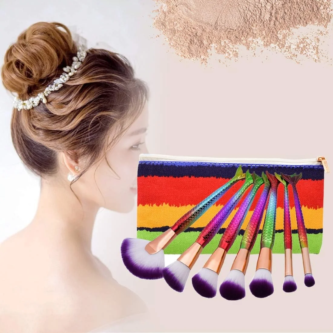 مجموعه برس آرایشی GHZHEDDGIZHUND 7 تکه با دسته پری دریایی، ابزار آرایشی کرم پودر، رژگونه، به همراه کیف قابل حمل (رنگ: رنگ 1)