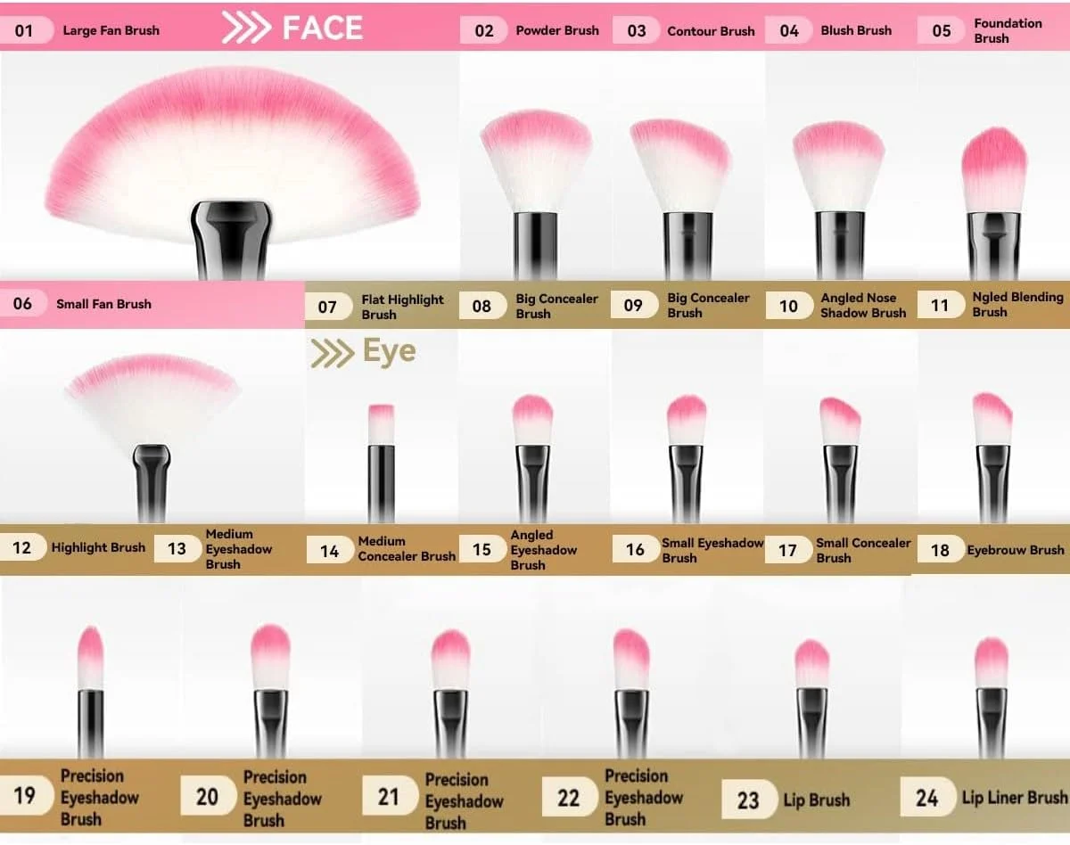 ست برس آرایشی گلمزون، شامل برس های سایه چشم، کرم پودر، کانسیلر، مژه و رژگونه، 24 عدد برس نرم آرایشی، این برس های وگان و بدون تست حیوانی دارای موهای مصنوعی نرم (صورتی)