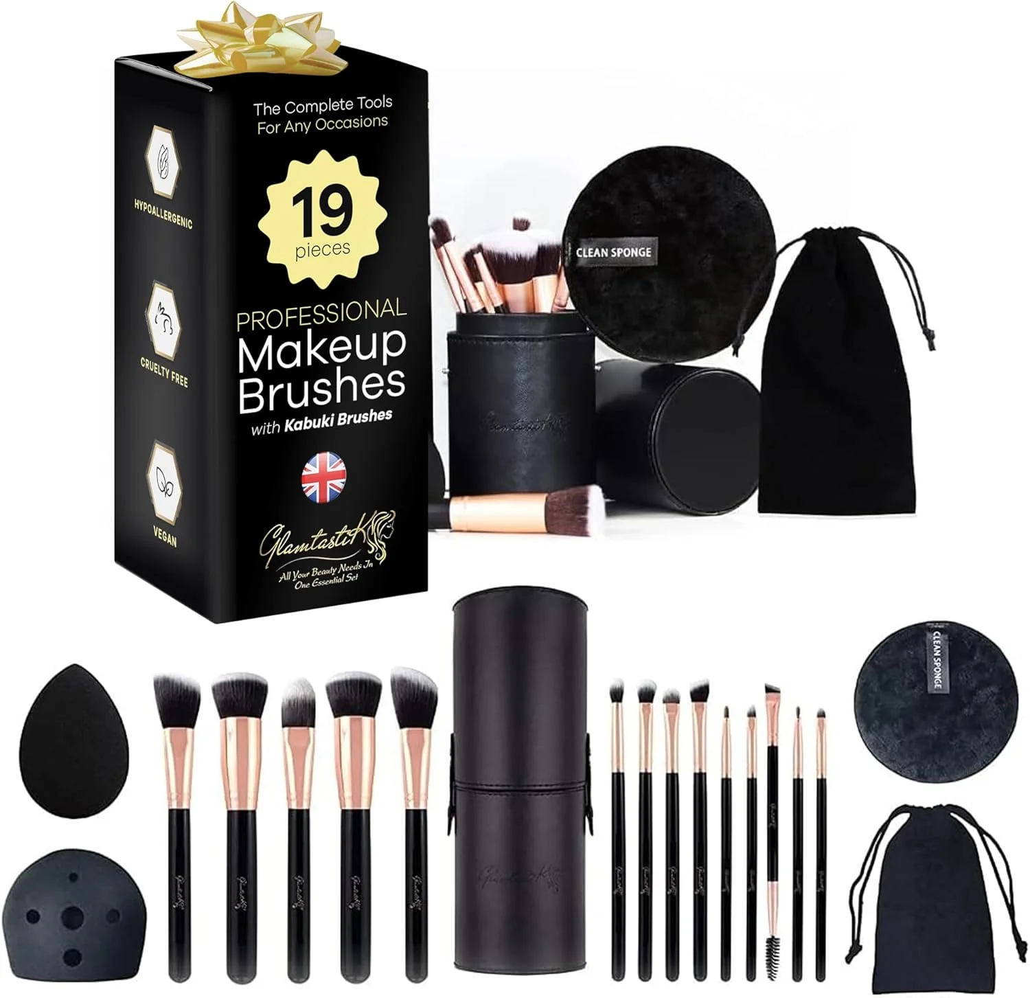 ست براش آرایشی Glamtastik 19 تکه کابوکی وگان و مصنوعی، پد پاک کننده آرایش، اسفنج بیوتی بلندر، تمیز کننده/خشک کن براش، کیف بند دار مخملی در جعبه هدیه شیک