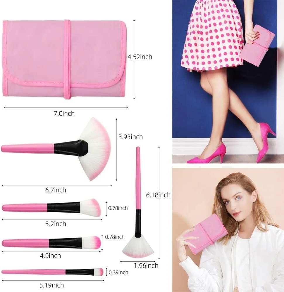 ست برس آرایشی گلمزون، شامل برس های سایه چشم، کرم پودر، کانسیلر، مژه و رژگونه، 24 عدد برس نرم آرایشی، این برس های وگان و بدون تست حیوانی دارای موهای مصنوعی نرم (صورتی)