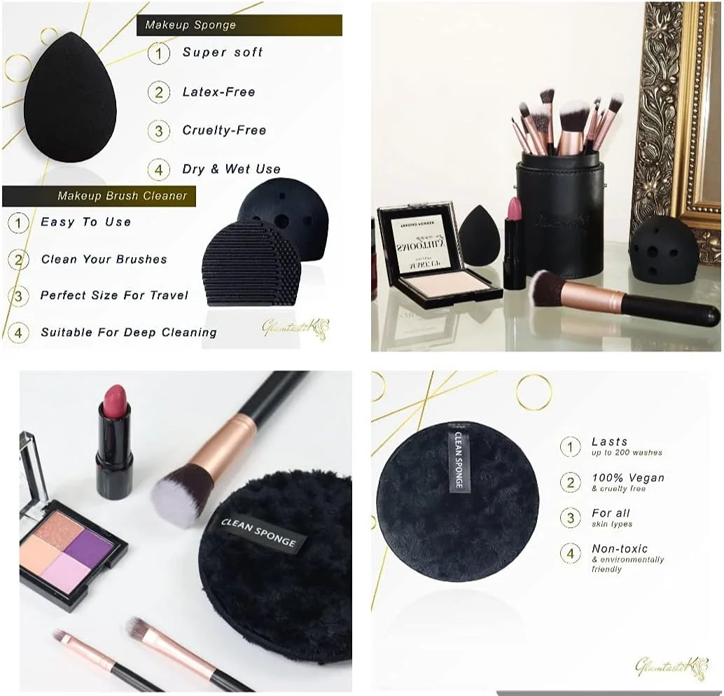 ست براش آرایشی Glamtastik 19 تکه کابوکی وگان و مصنوعی، پد پاک کننده آرایش، اسفنج بیوتی بلندر، تمیز کننده/خشک کن براش، کیف بند دار مخملی در جعبه هدیه شیک ست براش آرایشی Glamtastik 19 تکه کابوکی وگان و مصنوعی، پد پاک کننده آرایش، اسفنج بیوتی بلندر، تمیز کننده/خشک کن براش، کیف بند دار مخملی در جعبه هدیه شیک