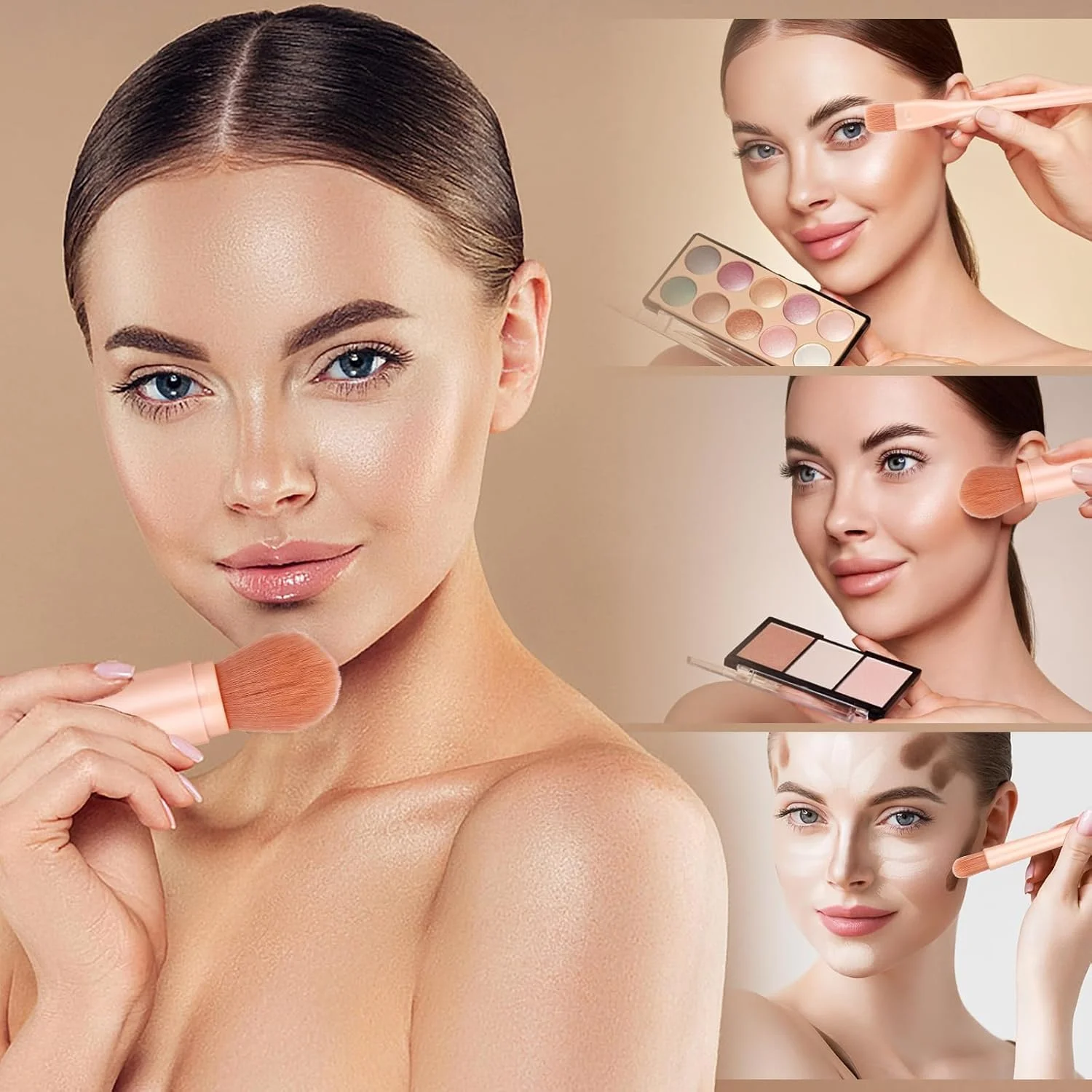 ست برس آرایشی مسافرتی GraGra، لوازم آرایشی صورت زنانه، برس پودر مسافرتی 4 در 1، برس لب، برس سایه چشم، برس هایلایت، برس های پودر ترکیبی فونداسیون