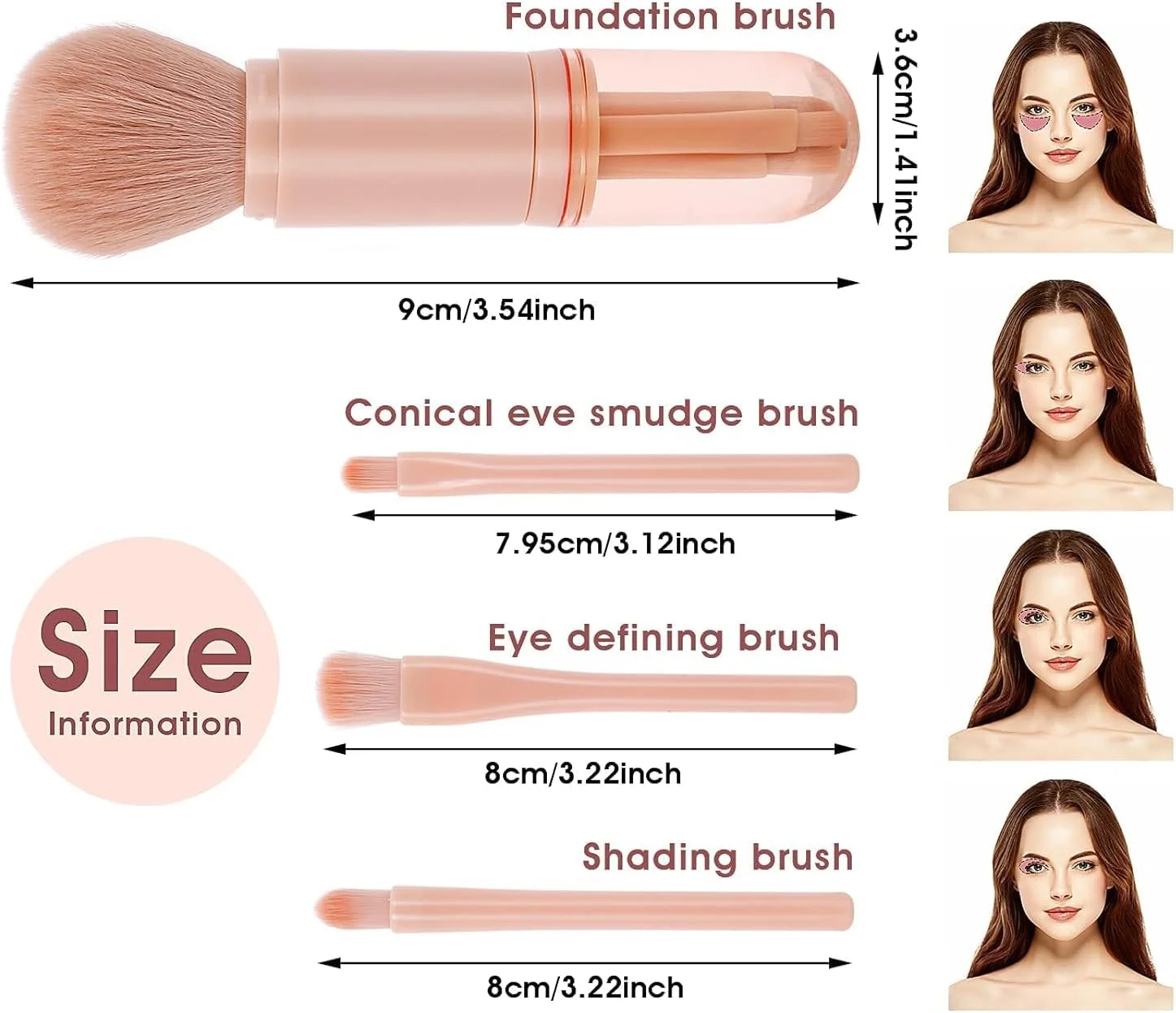 ست برس آرایشی مسافرتی GraGra، لوازم آرایشی صورت زنانه، برس پودر مسافرتی 4 در 1، برس لب، برس سایه چشم، برس هایلایت، برس های پودر ترکیبی فونداسیون