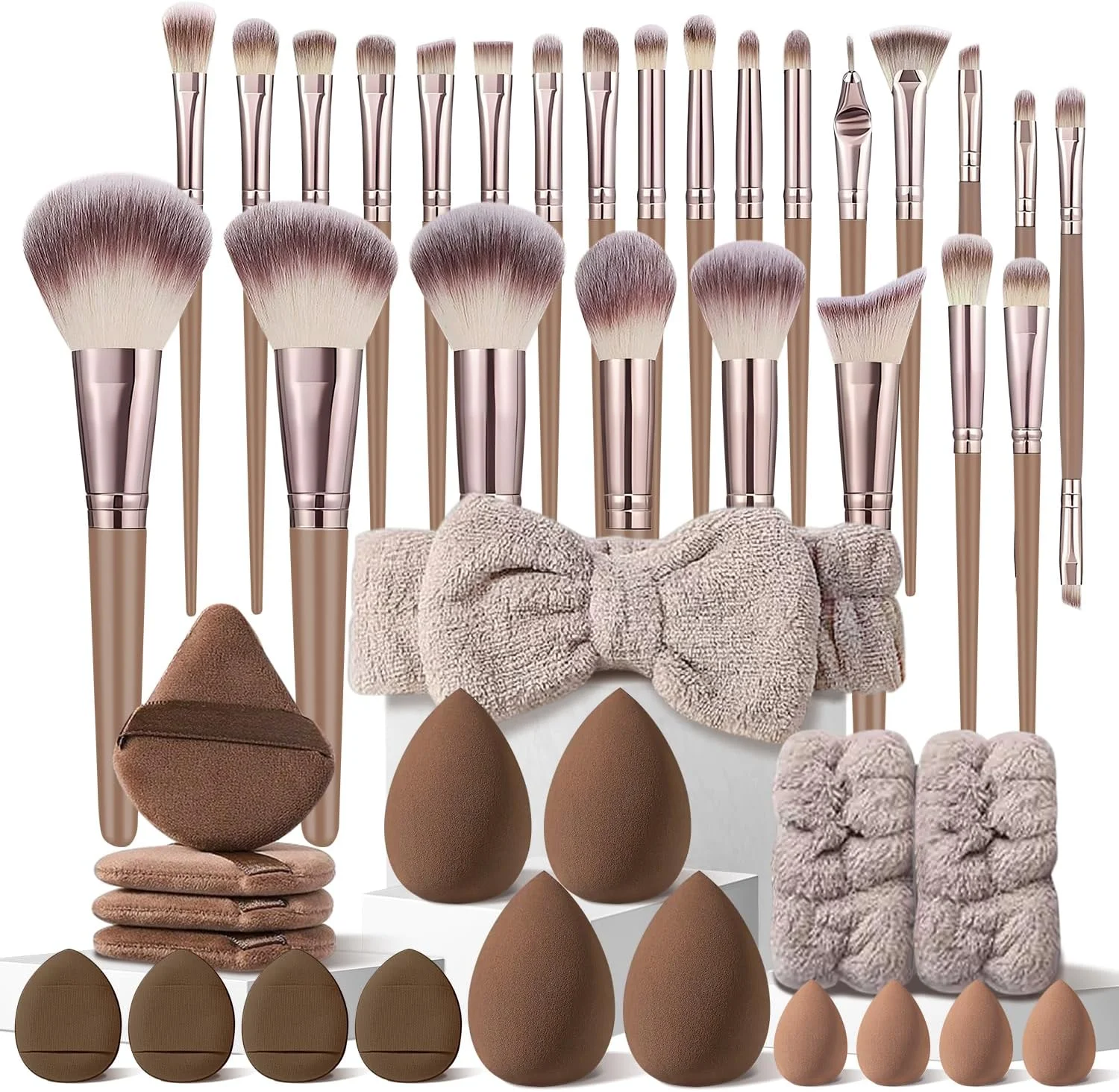 ست برس آرایشی قهوه ای HGHDBT شامل 44 عدد برس، کیت آرایشی حرفه ای چند منظوره با لوازم جانبی آرایش صورت، کیت برس آرایش کرم پودر، برس و ابزار آرایش چشم و صورت