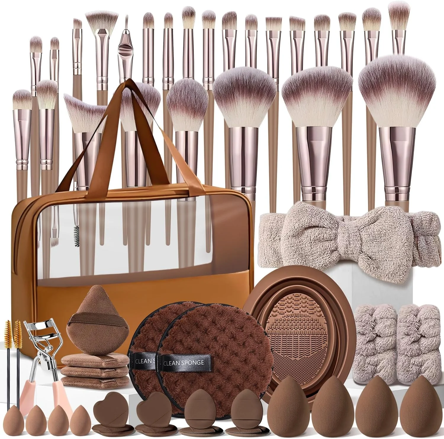 ست 55 عددی برس آرایشی قهوه ای HGHDBT، کیت آرایش حرفه ای چند منظوره با کیف، لوازم جانبی آرایش صورت، کیت برس آرایش فونداسیون، برس ها و ابزارهای آرایش چشم و صورت