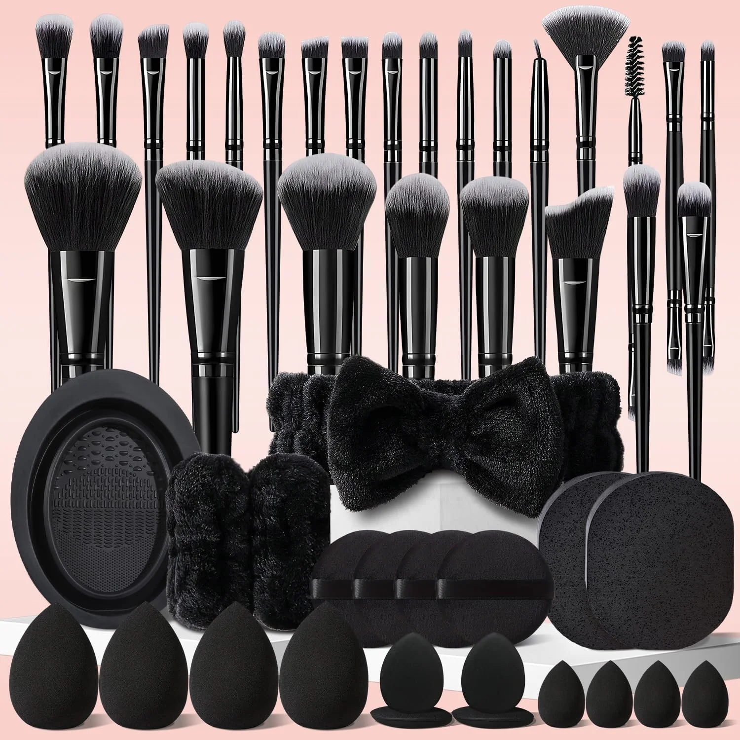 ست برس آرایشی مشکی HGHDBT شامل 47 عدد، کیت آرایشی حرفه ای چند منظوره با لوازم جانبی آرایش صورت، کیت برس آرایش کرم پودر، برس ها و ابزارهای آرایش چشم و صورت