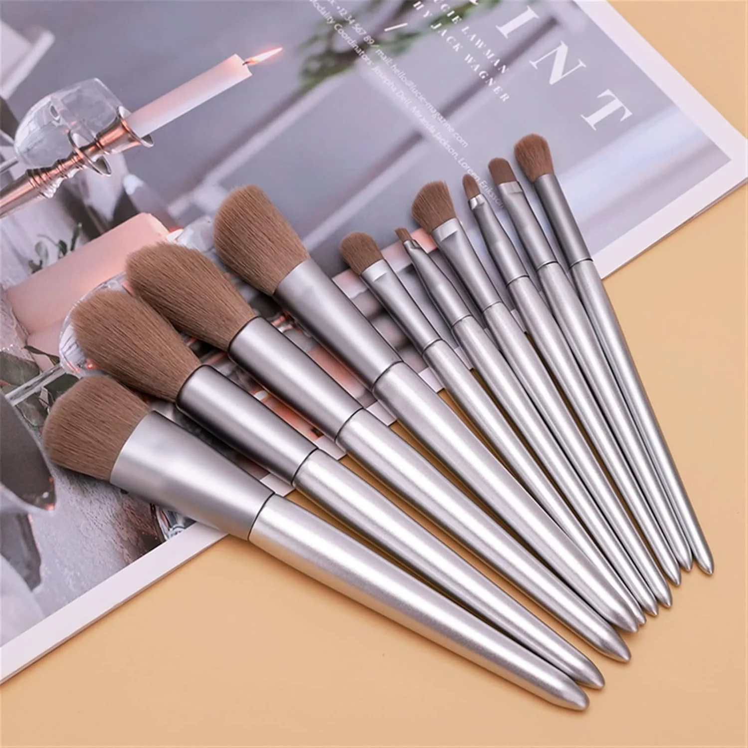 ست برس آرایشی HODORE، کیت برس آرایشی نقره ای حرفه ای، موهای مصنوعی، برس صورت، کرم پودر، هایلایتر، سایه چشم، لوازم آرایشی و بهداشتی