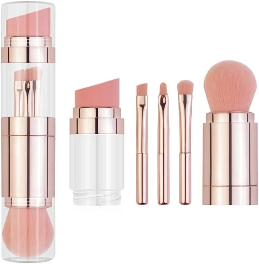 ست براش آرایشی HWWGSH، ست براش آرایشی 5 در 1 جمع شونده، براش کرم پودر، براش ابرو، براش لب، براش سایه چشم، براش پودر فیکس، براش آرایشی چند منظوره برای مسافرت و استفاده در منزل