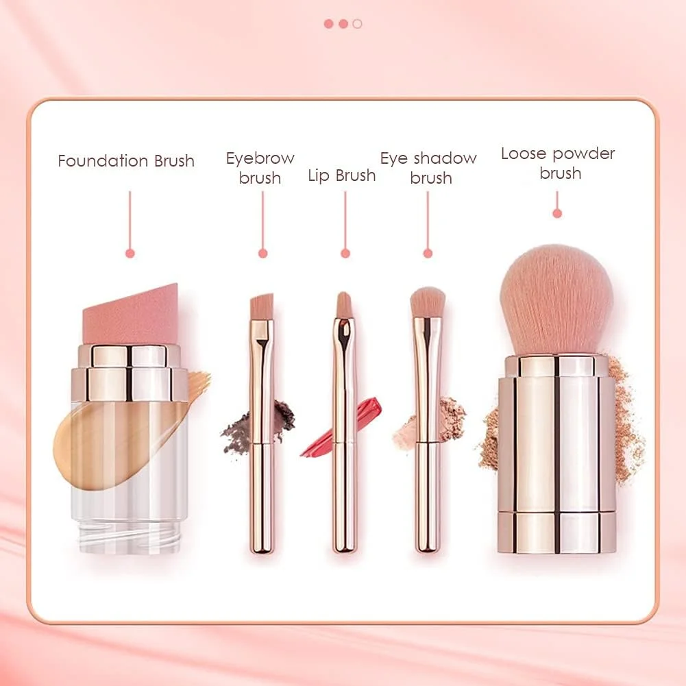 ست براش آرایشی HWWGSH، ست براش آرایشی 5 در 1 جمع شونده، براش کرم پودر، براش ابرو، براش لب، براش سایه چشم، براش پودر فیکس، براش آرایشی چند منظوره برای مسافرت و استفاده در منزل