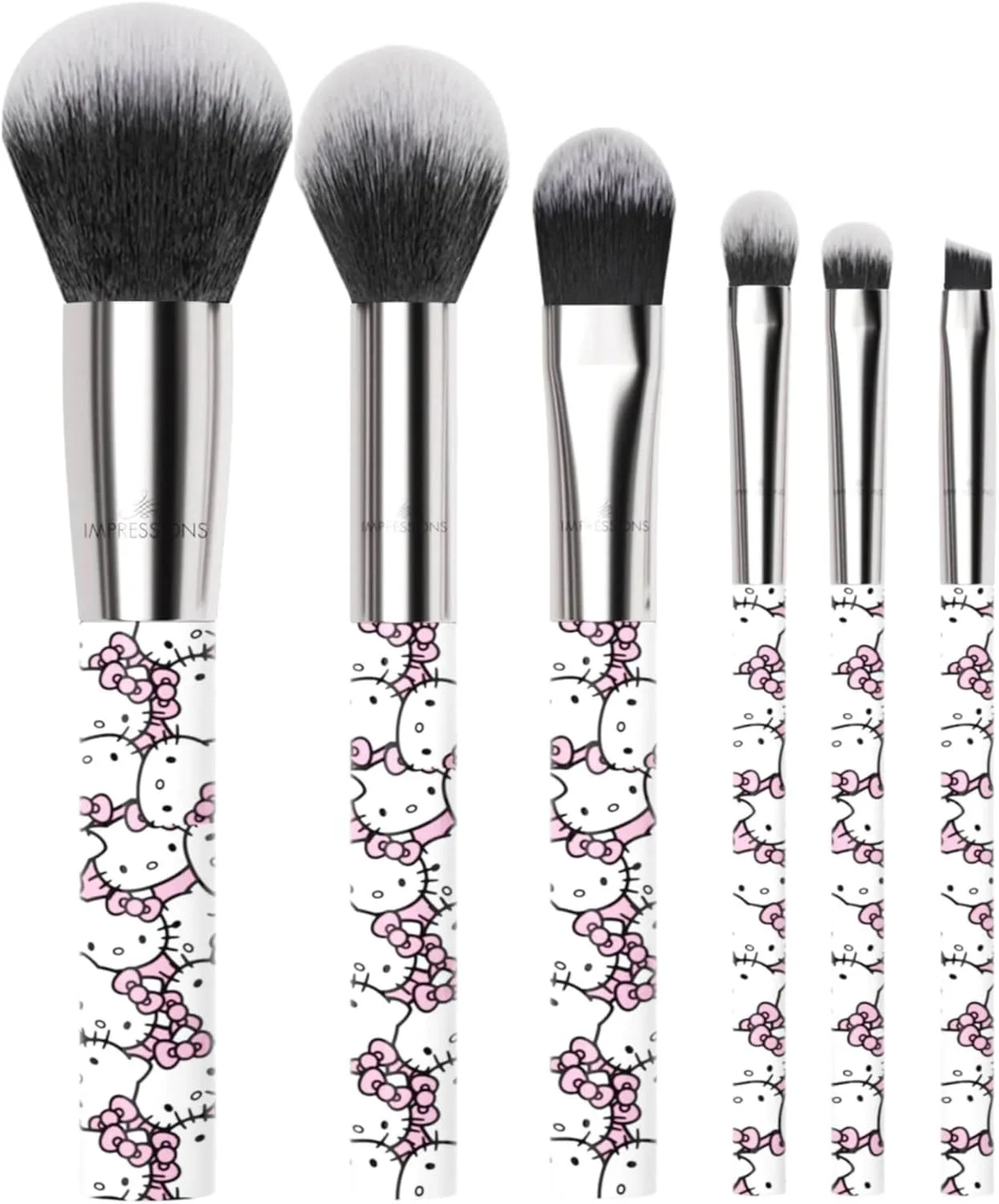 ست برس آرایشی 6 تکه طرح Hello Kitty از IMPRESSIONS VANITY، برسهای فوقالعاده نرم و زیبا برای کرم پودر، پودر صورت، ترکیب آرایش، سایه چشم و خط چشم ست برس آرایشی 6 تکه طرح Hello Kitty از IMPRESSIONS VANITY، برسهای فوقالعاده نرم و زیبا برای کرم پودر، پودر صورت، ترکیب آرایش، سایه چشم و خط چشم