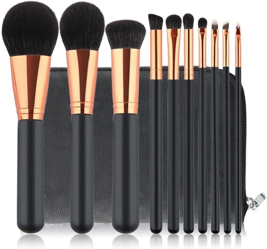 ست برس آرایشی حرفه ای 10 عددی ITAOCA، شامل برس های کرم پودر، سایه چشم، ترکیب کننده، پودر، به همراه کیف قهوه ای تیره