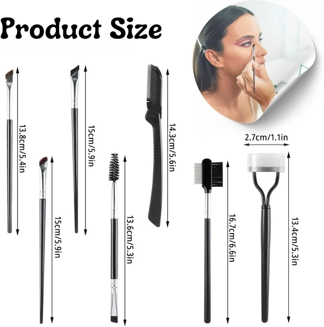 ست برس آرایشی خط چشم IBBO شامل 7 عدد، برس های خط چشم زاویه دار ظریف حرفه ای، برس ابرو، شانه مژه، تیغ ابرو تاشو، برس ابرو دو سر، آرایش سایه چشم و کانسیلر ابرو