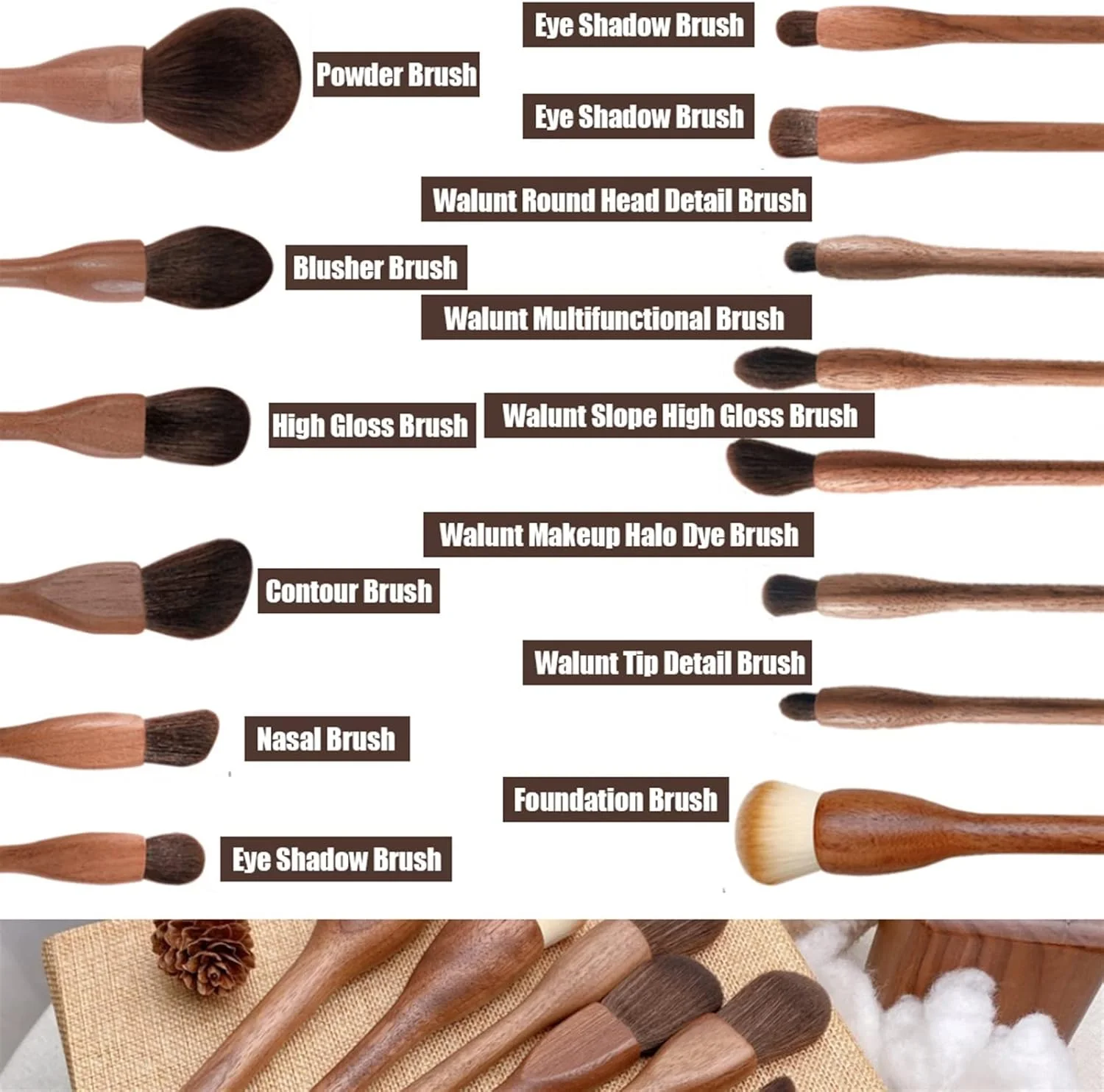 ست برس آرایشی هودور، ست برس آرایشی حرفه ای برای زنان، برس های آرایشی گردویی وگان وینتیج، ابزار زیبایی سایه چشم، رژگونه، پودر و کرم پودر