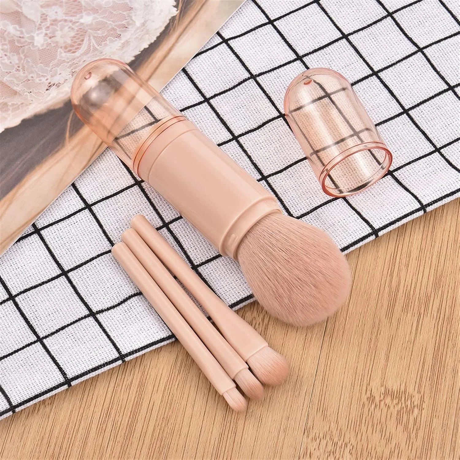ست برس آرایشی HODORE، ست برس آرایشی 4 در 1 تلسکوپی قابل حمل، رژگونه، سایه چشم، پودر شل، لوازم آرایشی لب برای کیت ابزار برس آرایش صورت
