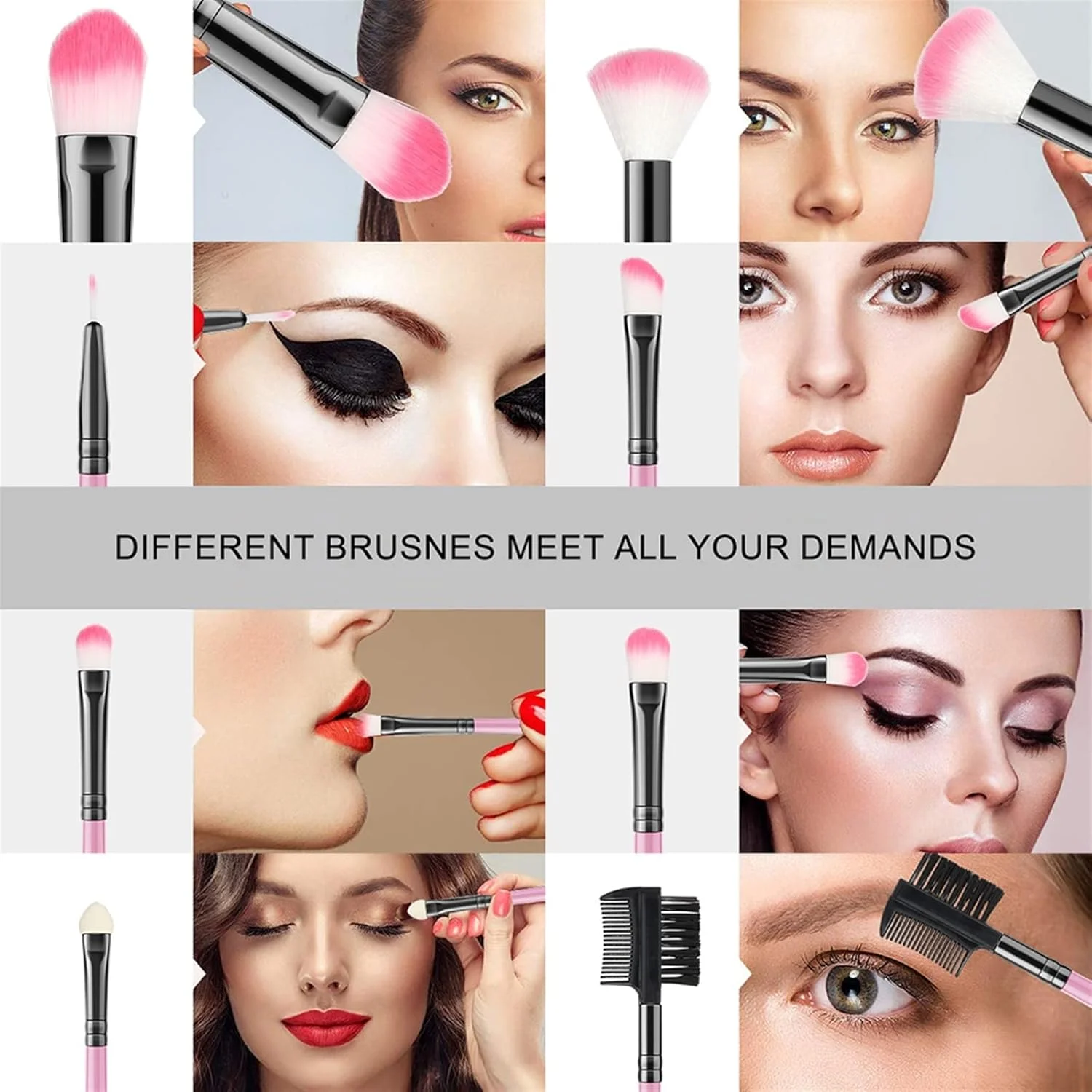 ست برس آرایشی HODORE، ست برس آرایشی صورتی، برس کرم پودر، رژگونه، پودر، سایه چشم، لب، ابزار آرایش زیبایی با 2 پد پودری (رنگ: Hortelé)