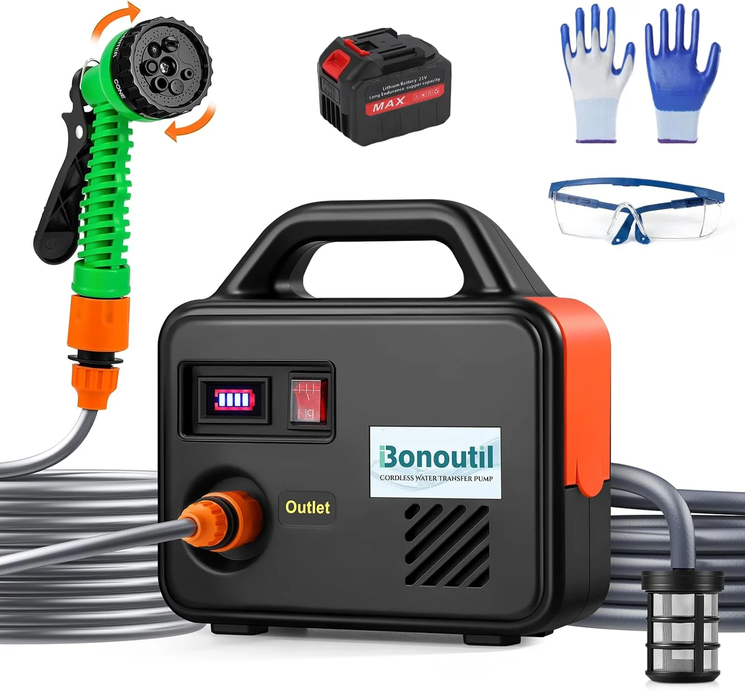 پمپ آب باتری خور 21 ولت Bonoutil، پمپ انتقال آب بی سیم 240GPH، دارای نازل شلنگ باغی با 7 حالت اسپری برای آبیاری، شستشوی خودرو، وان، آکواریوم، استخر بادی (مشکی)