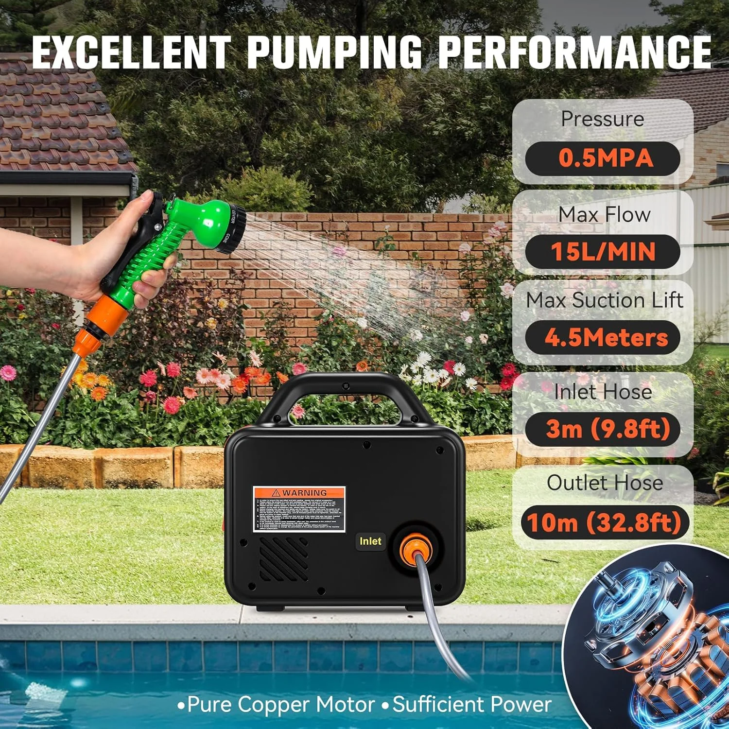 پمپ آب باتری خور 21 ولت Bonoutil، پمپ انتقال آب بی سیم 240GPH، دارای نازل شلنگ باغی با 7 حالت اسپری برای آبیاری، شستشوی خودرو، وان، آکواریوم، استخر بادی (مشکی)