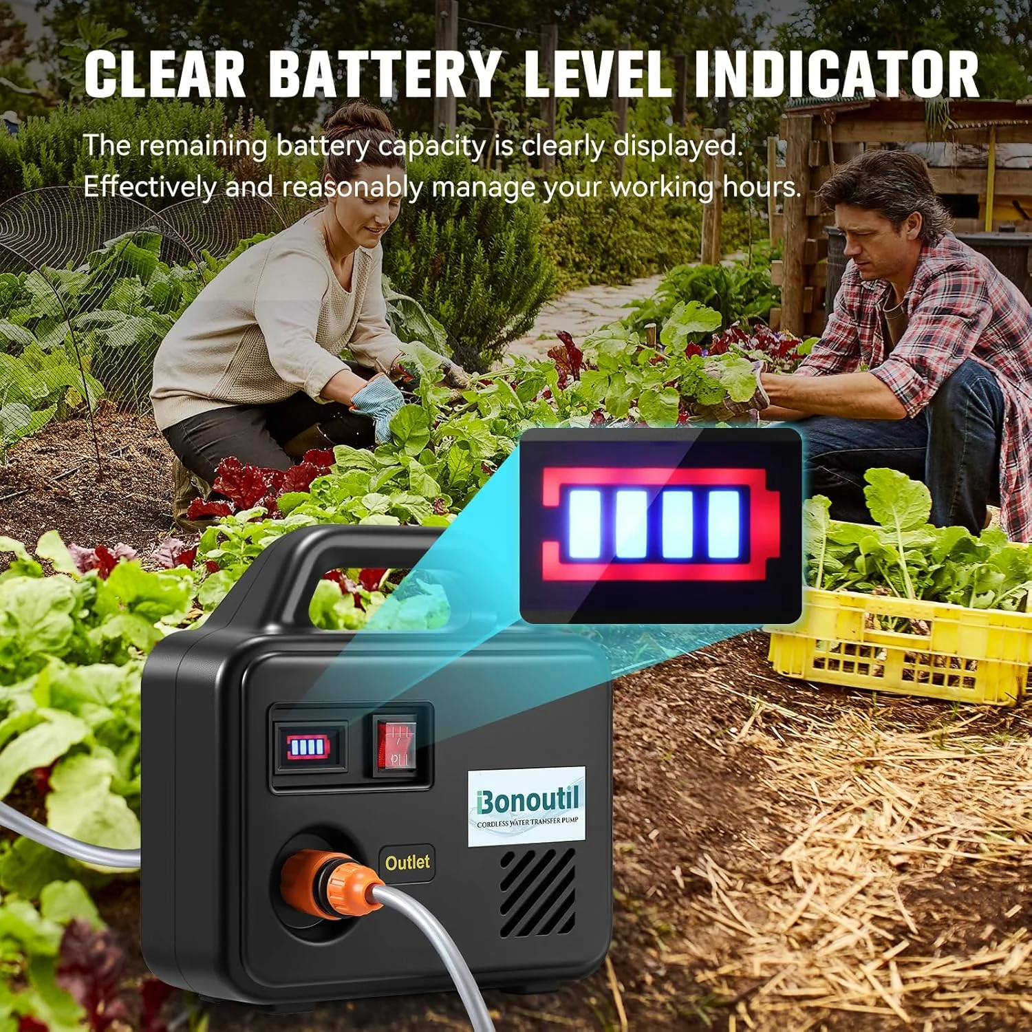 پمپ آب باتری خور 21 ولت Bonoutil، پمپ انتقال آب بی سیم 240GPH، دارای نازل شلنگ باغی با 7 حالت اسپری برای آبیاری، شستشوی خودرو، وان، آکواریوم، استخر بادی (مشکی)